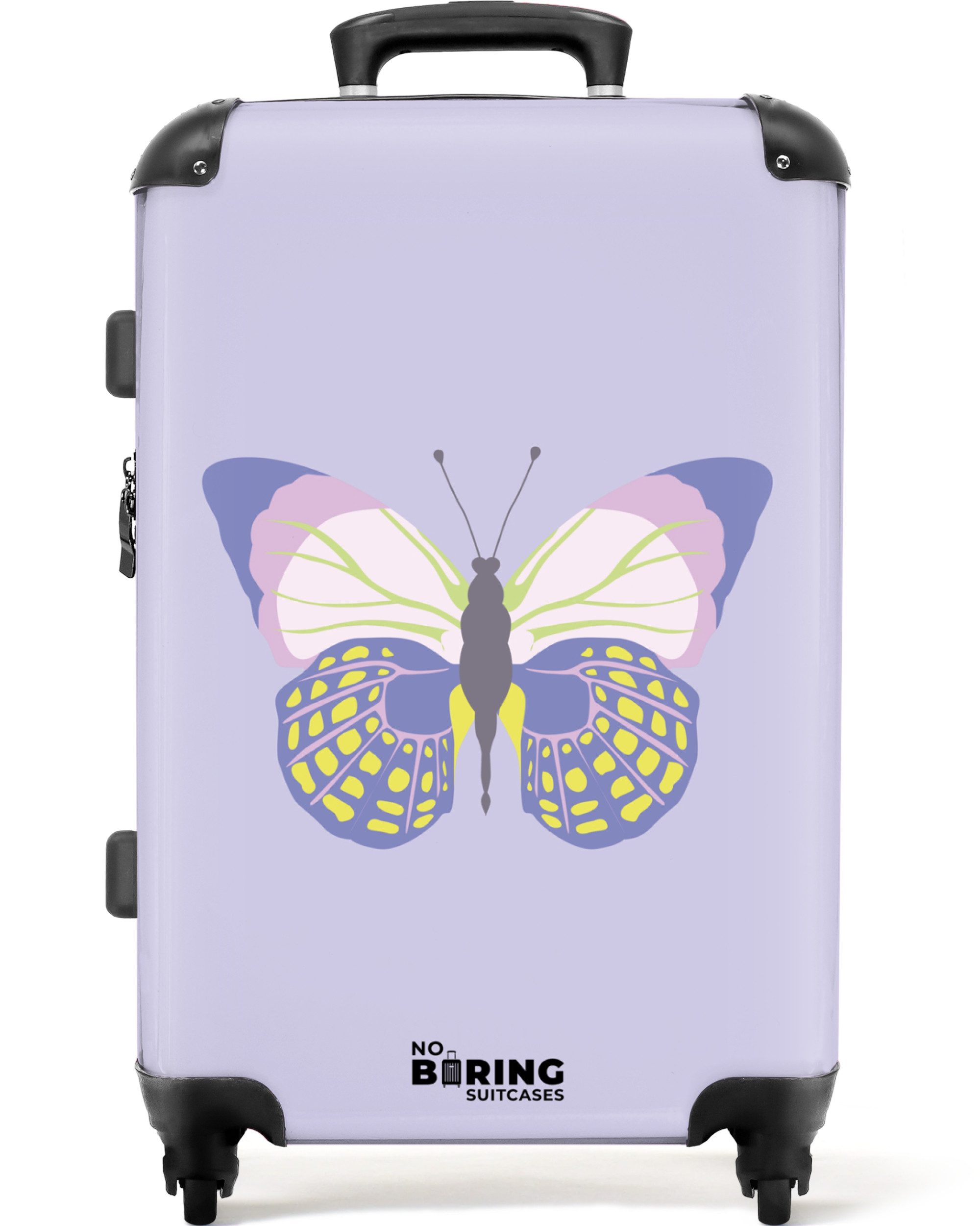 NoBoringSuitcases.com© Hartschalen-Trolley Lila mit buntem Schmetterling günstig online kaufen
