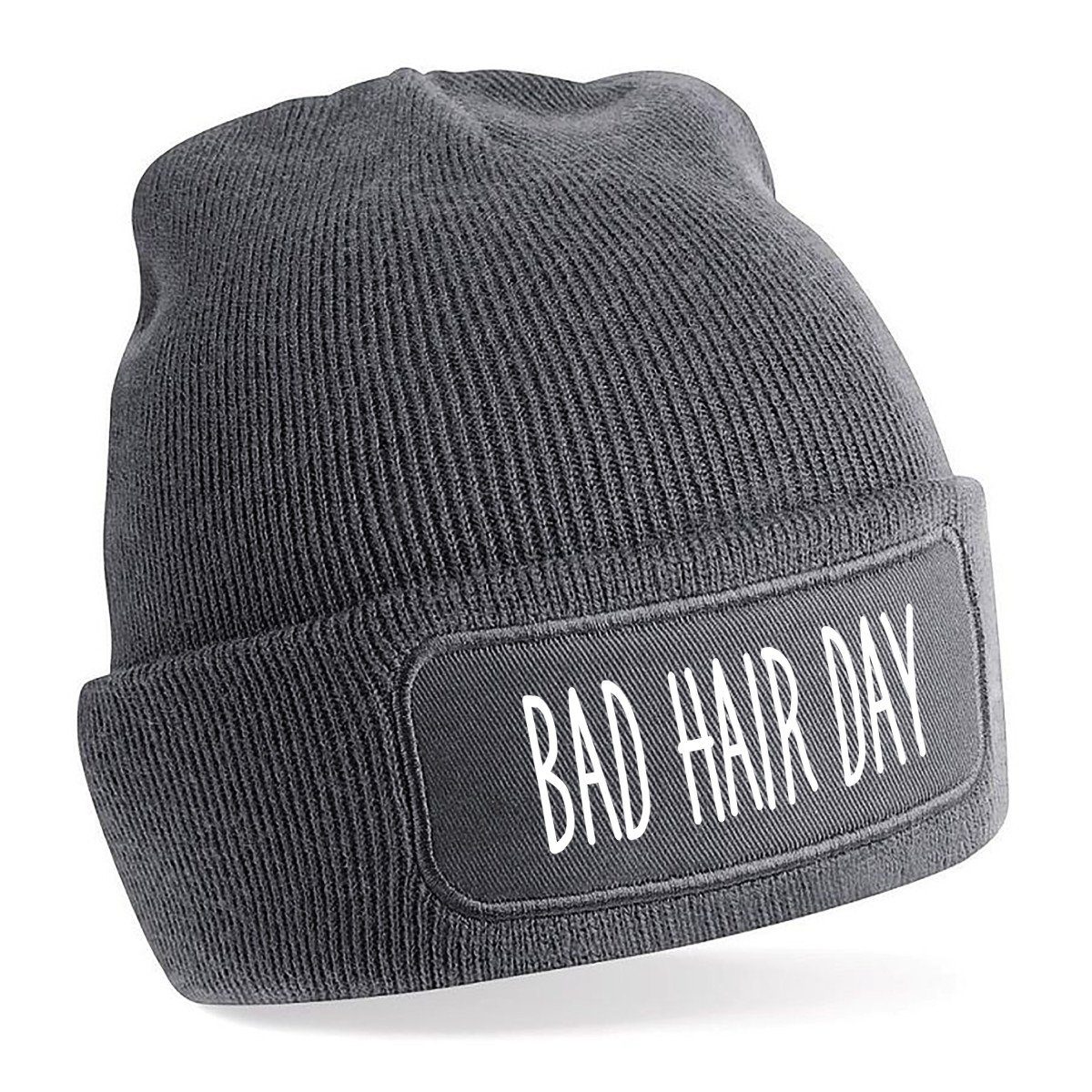 Beanie Strickmütze mit Spruch BAD HAIR DAY