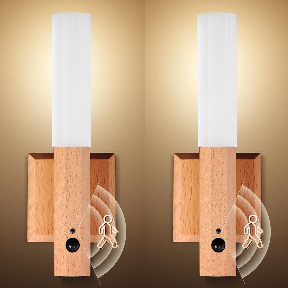 Echtholz gewachstes Smart Wandleuchte Weiß Bewegungssensor Holz DOPWii Wandlampe Licht,Vielseitige Stück 2
