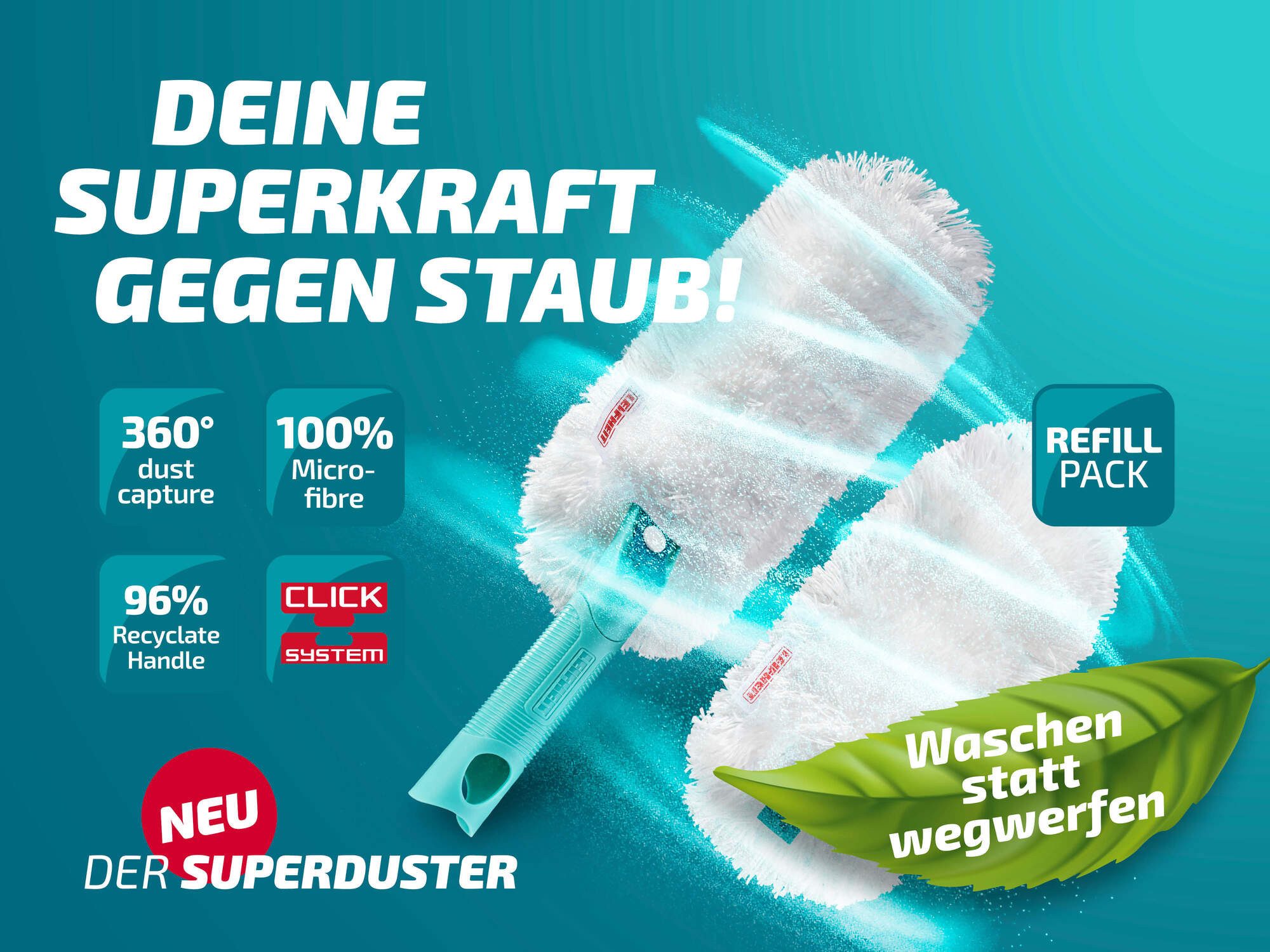 Leifheit Staubwischer SUPERDUSTER mit Ersatzbezug (3-St), waschbar, Mikrofaser, bindet Staub sicher