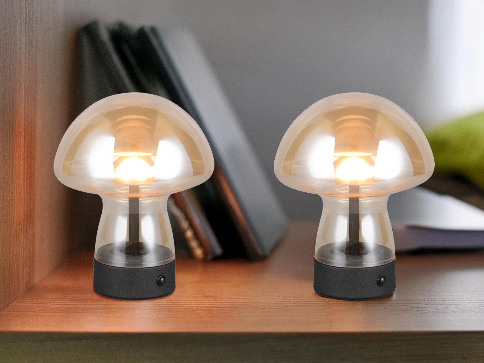 Reality Leuchten LED Tischleuchte, Dimmfunktion, LED fest integriert, Warmweiß, 2er SET kleine kabellose Pilzlampe mit Akku per USB aufladbar, H: 18cm
