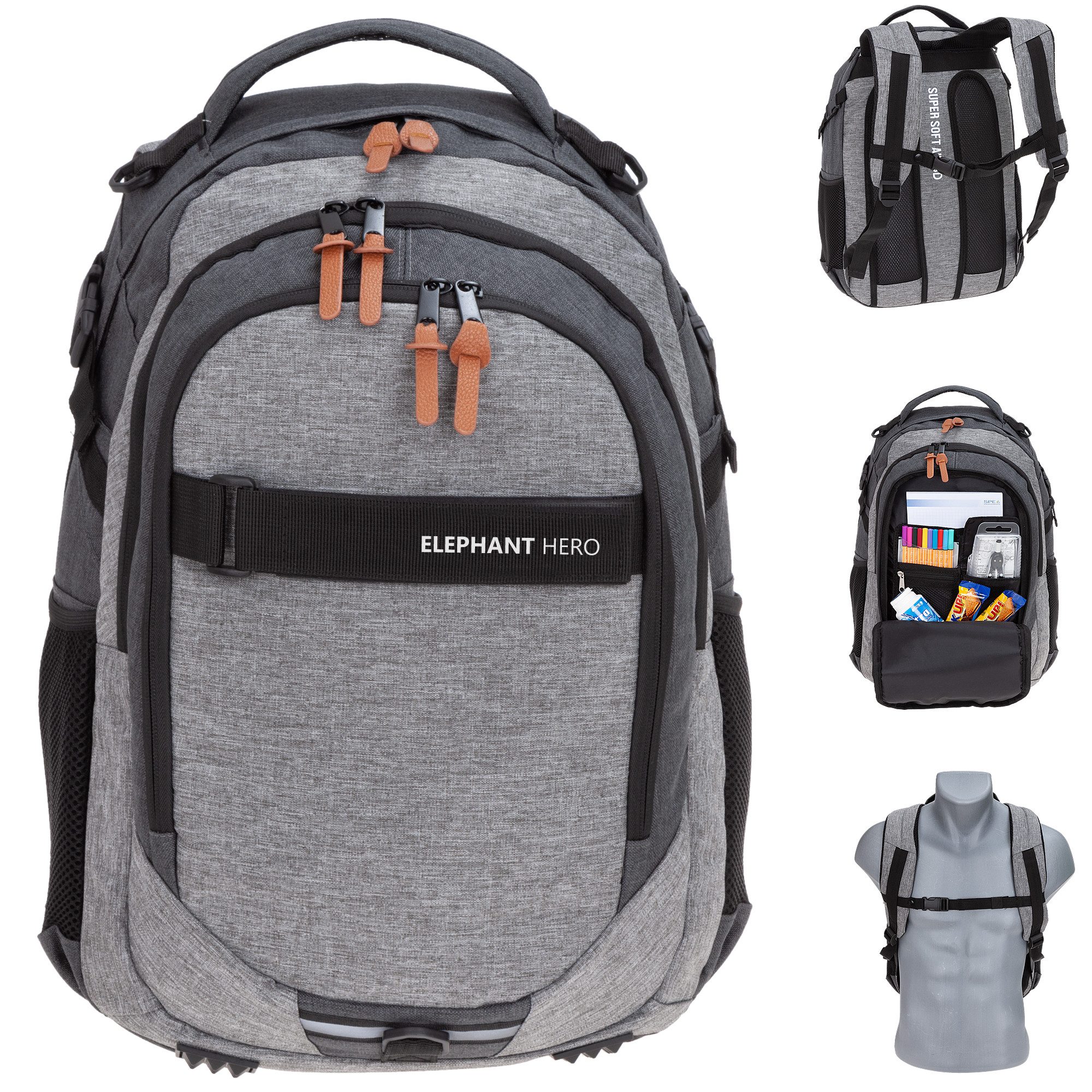 ELEPHANT Schulrucksack Hero Signature Schultasche Digital Ready Set (4 Teile Schulrucksackset, 4-tlg., inkl. Mäppchen Box + Laptop Hülle Sleeve + 31 Teile Stifte), Rucksack Schulmappe Jungen Mädchen +rmlv