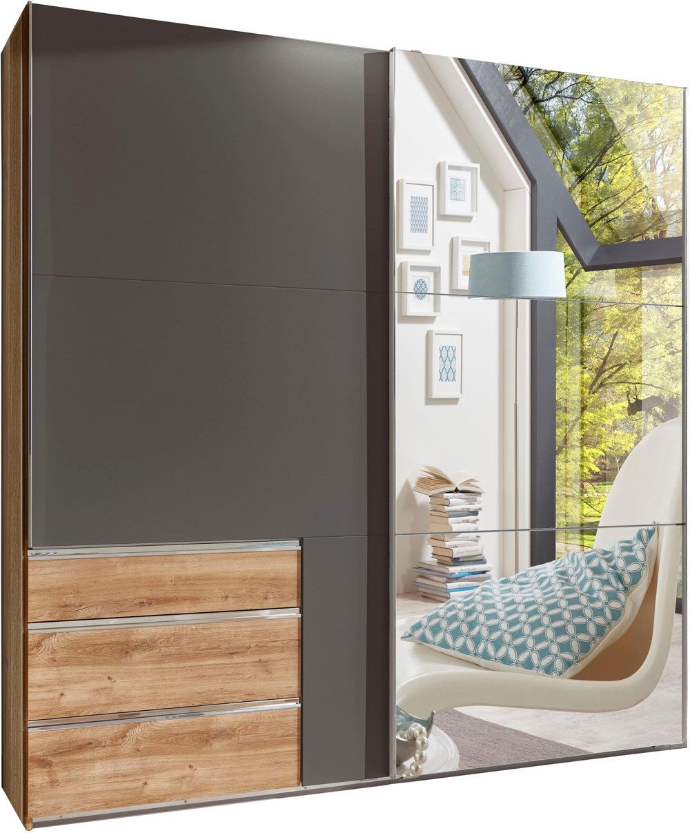 Wimex Schwebetürenschrank Level (mit Türen, mit Schubladen, mit Spiegel, 1-St., moderne Optik, mit Türen, mit Schubladen, mit Spiegel) 200x65x216cm 2-türig Plankeneiche / graphit Spiegel