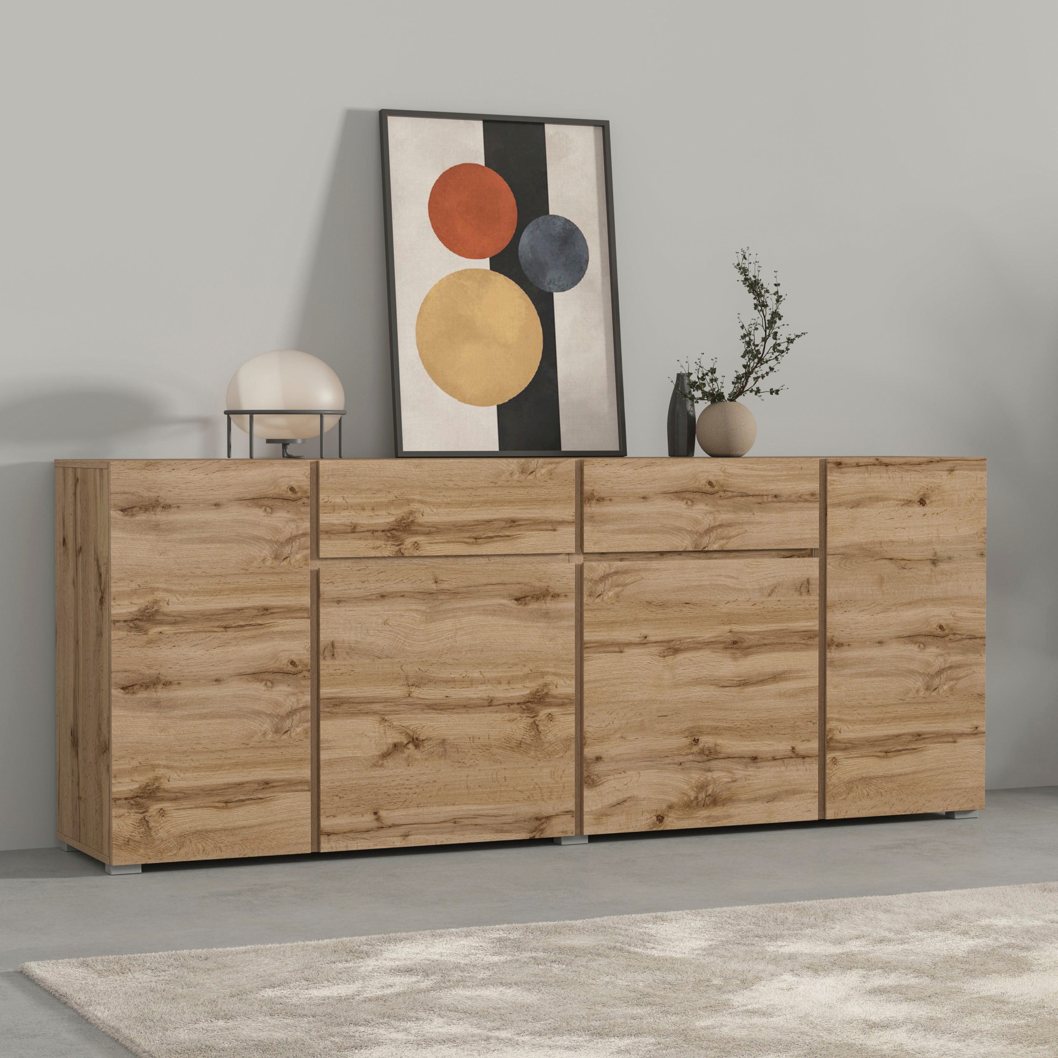 Sideboard Asymetric, Breite 195 cm, grifflose Kommode 4 Türen/2 Schubkästen