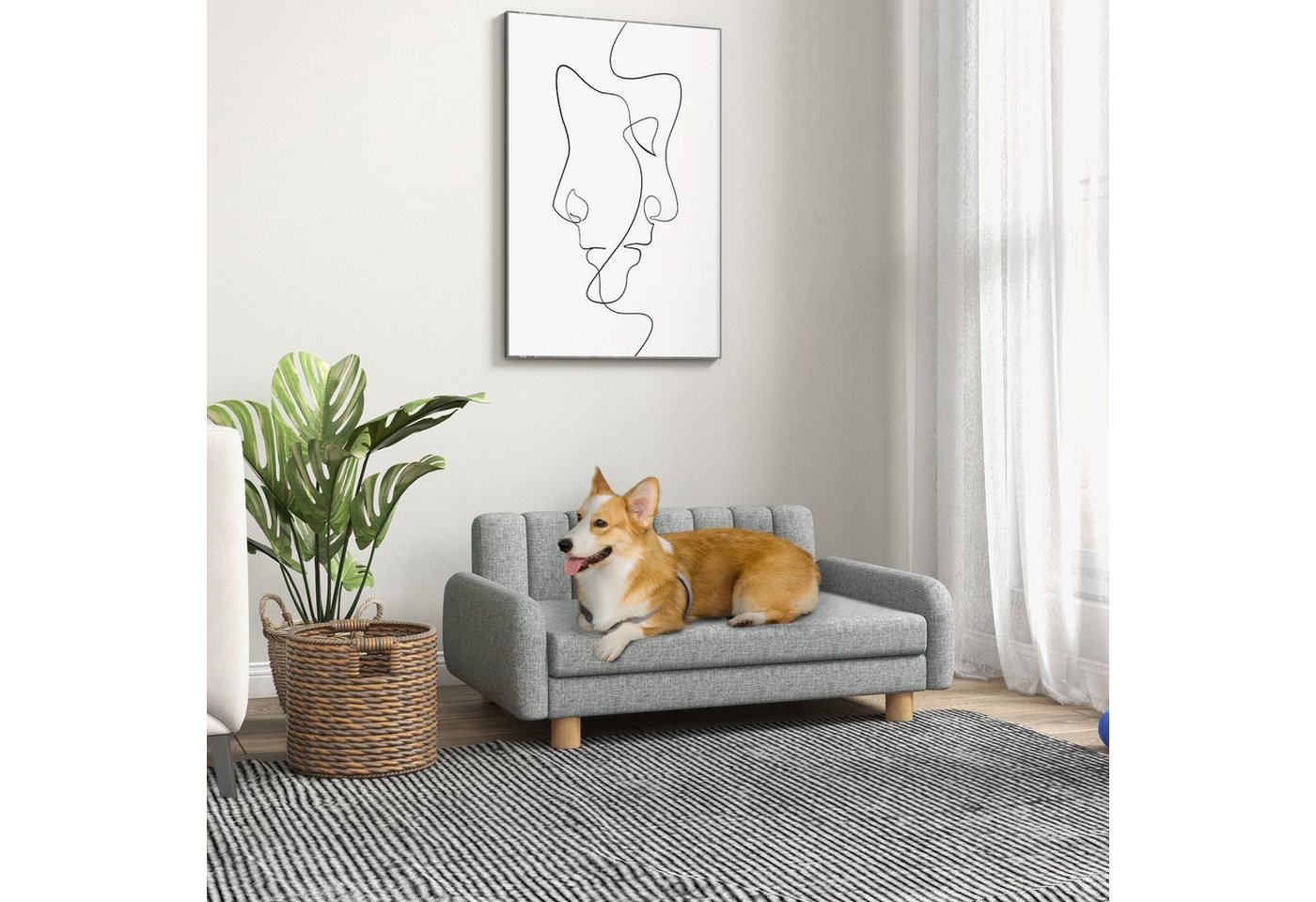 Thumbnail - PawHut Tierbett Hundebett mit weichem Kissen, Leinenimitat, Grau 94 x 61 x 40 cm
