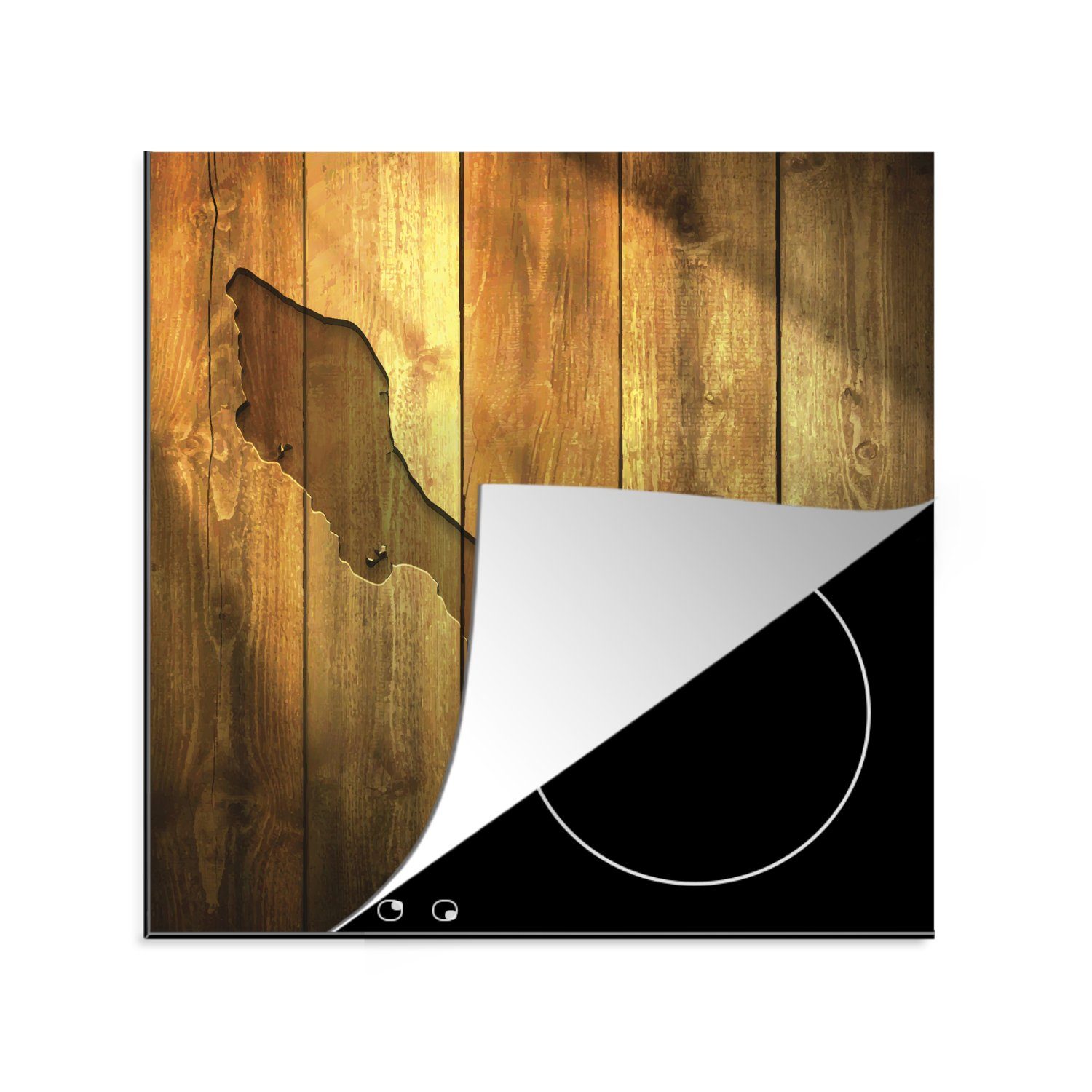 MuchoWow Herdblende-/Abdeckplatte Eine Illustration von Curacao an einer Holzwand, Vinyl, (1 tlg), 78x78 cm, Ceranfeldabdeckung, Arbeitsplatte für küche