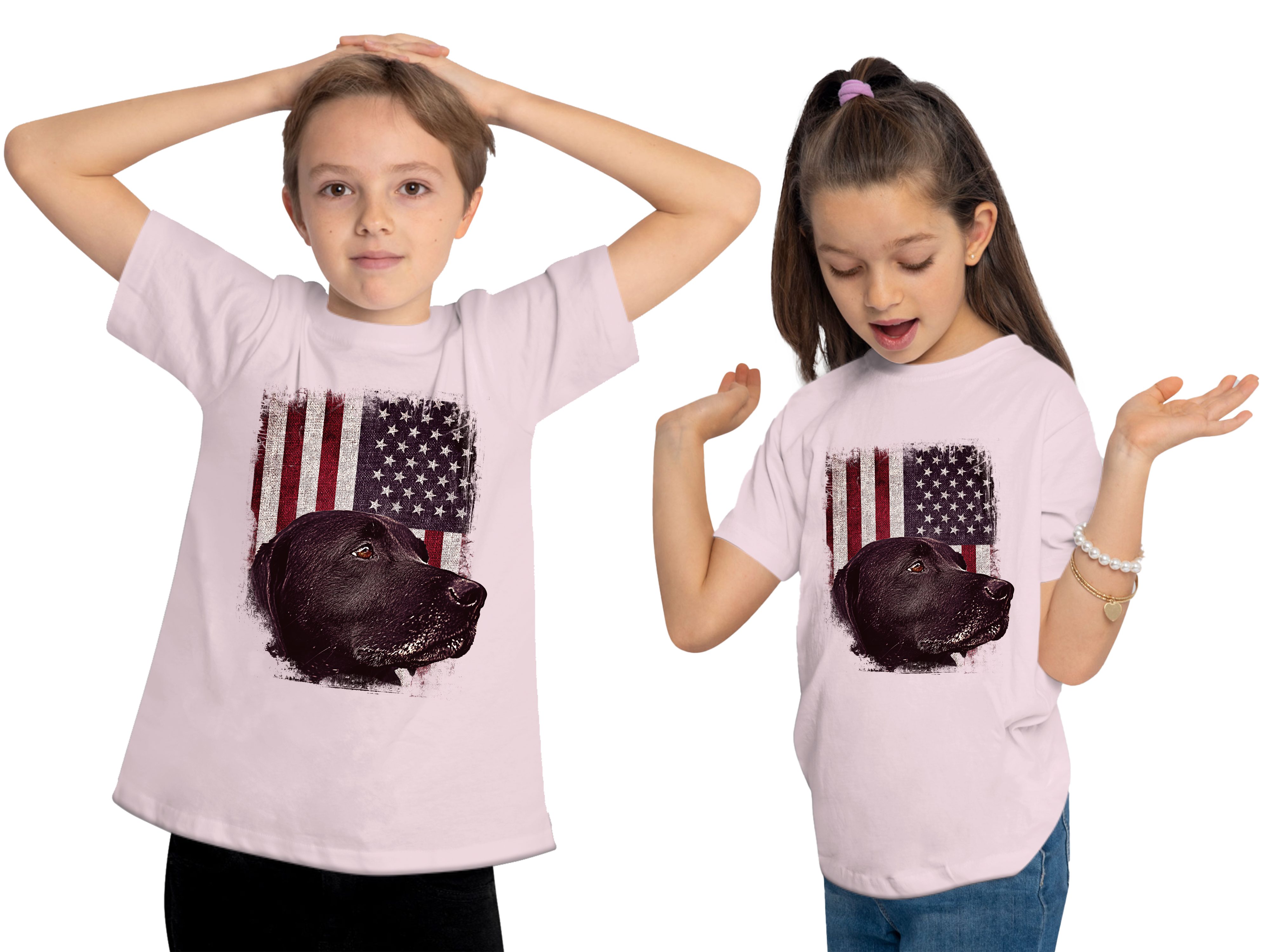 Labrador vor T-Shirt i246 - Hunde bedruckt USA MyDesign24 mit schwarzer Kinder Shirt rosa Print Aufdruck, Flagge Baumwollshirt