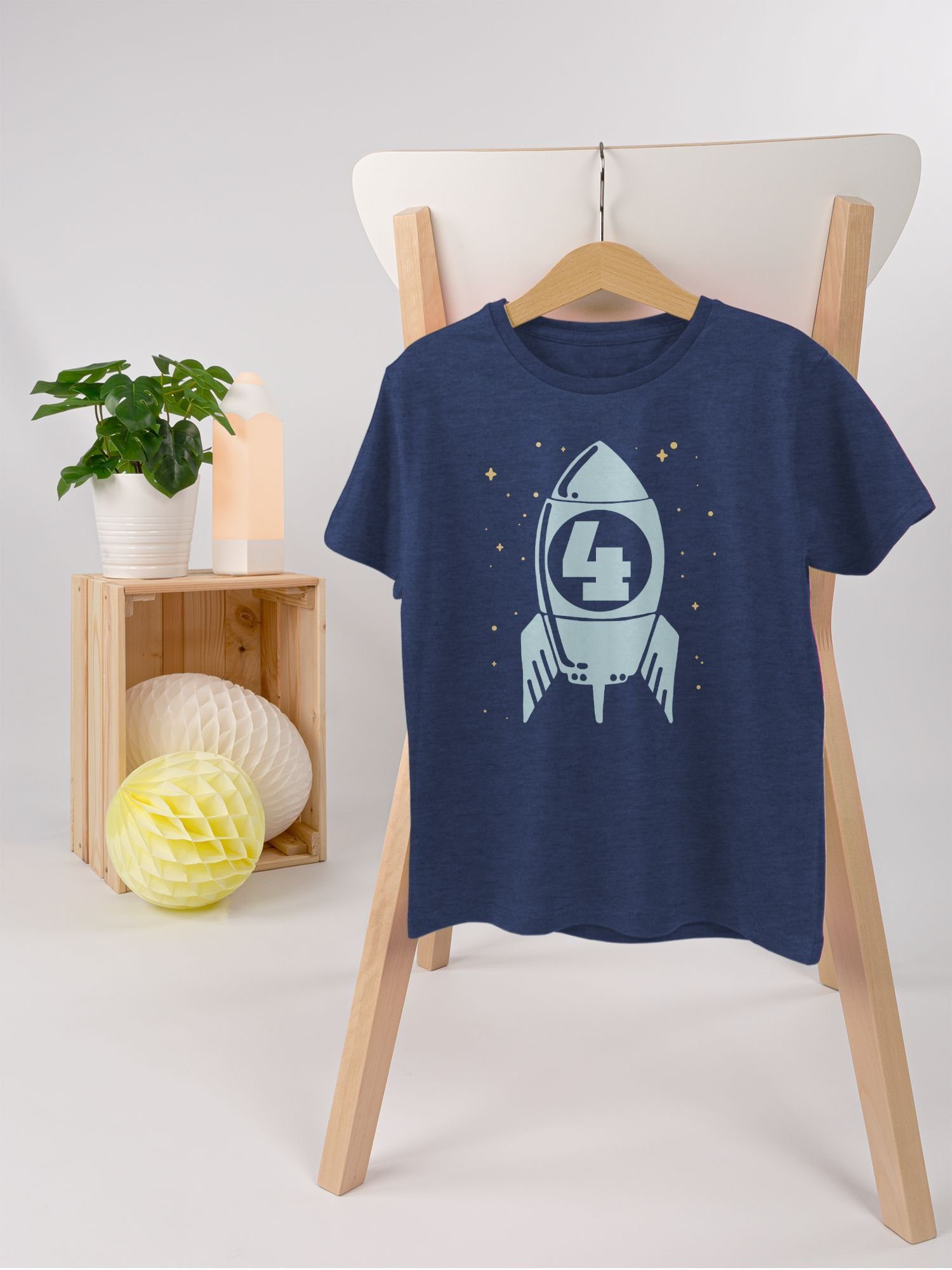 Shirtracer T-Shirt Rakete mit 1 Sternen Geburtstag 4. Vier Dunkelblau blau Meliert
