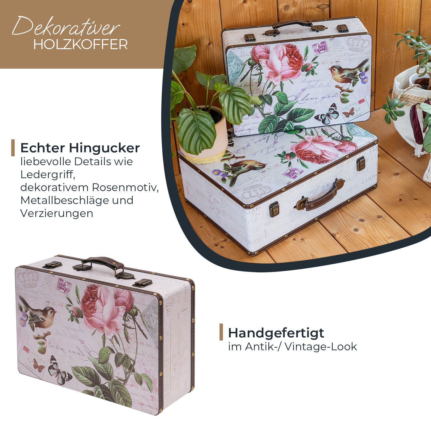 HMF Aufbewahrungsbox Handgefertigter Vintage Koffer aus Holz, Deko Koffer, Geschenkkoffer im Rosen Design, 44 x 32 x 16 cm