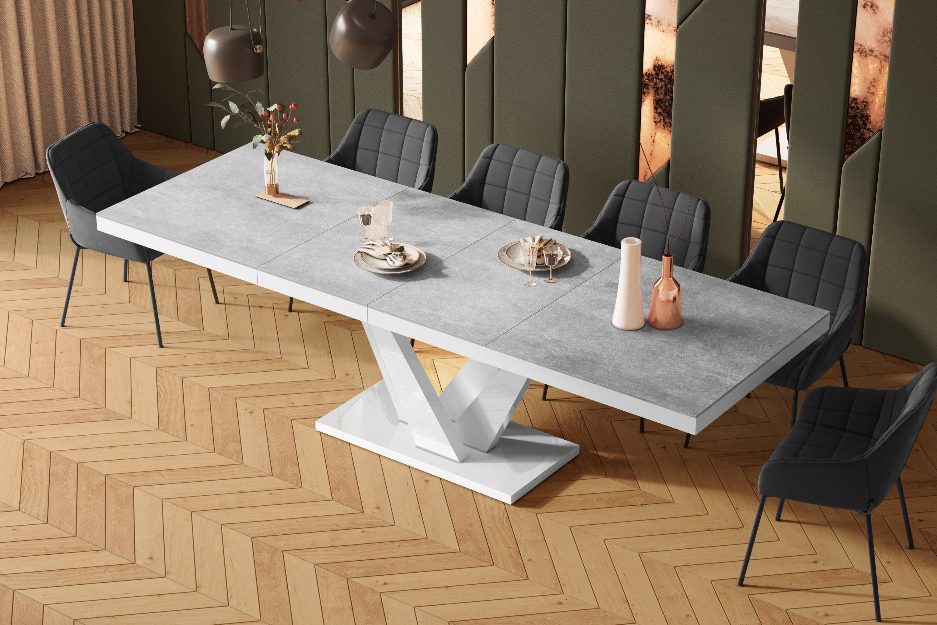 designimpex Esstisch Design Esstisch Tisch HEV-111 ausziehbar 160 bis 256 cm Beton / Weiß Hochglanz