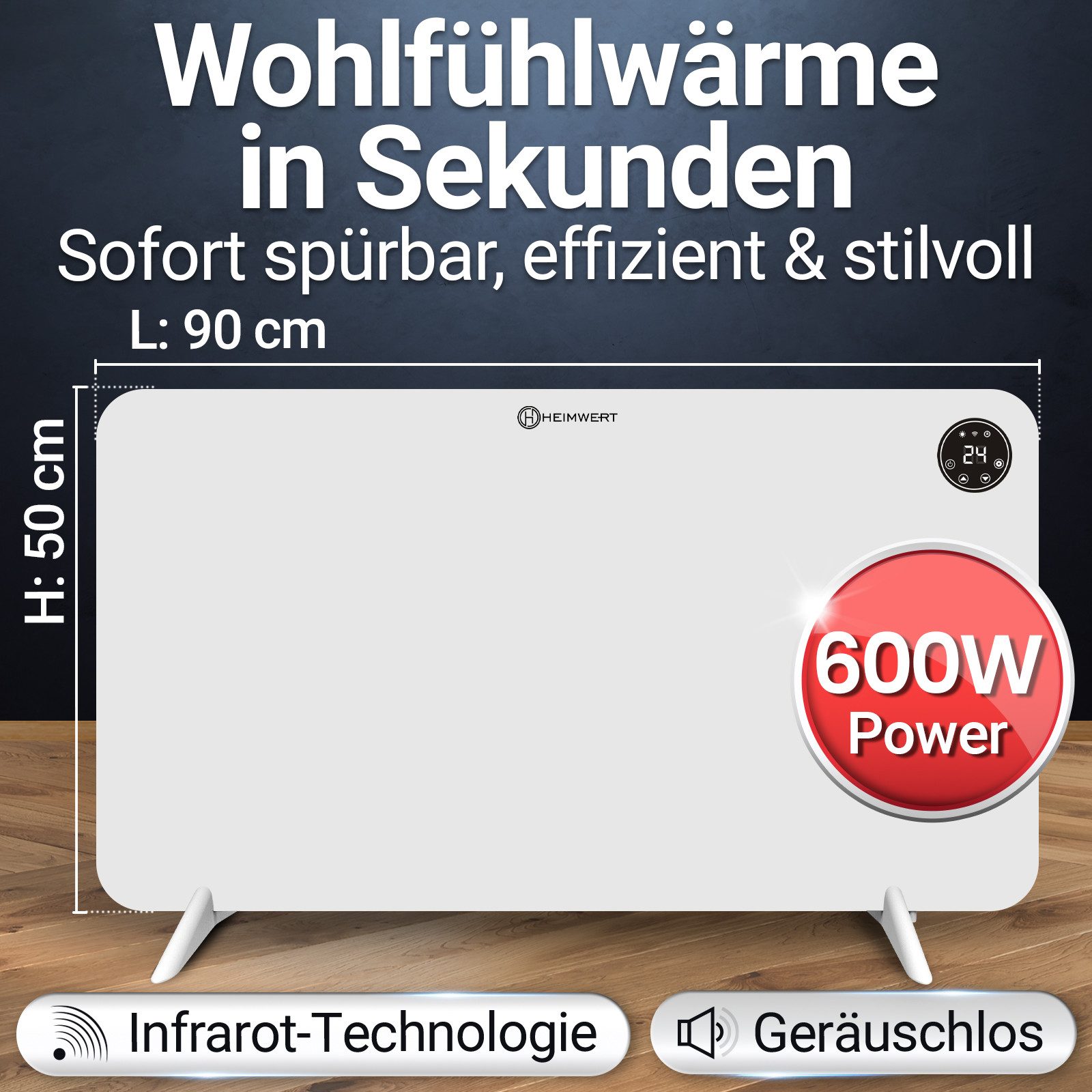 HEIMWERT Elektro-Heizkörper Infrarot Wandheizung 450/600 Watt, Luxusausstattung mit Thermostat + App - Langlebig, Geräuschlos