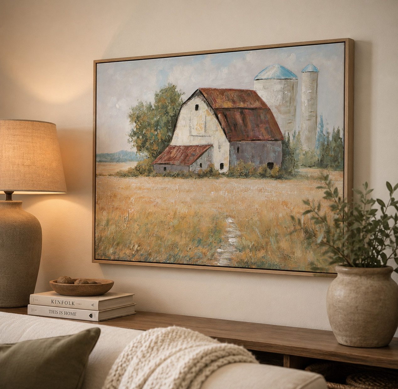 MF Leinwandbild Leinwandbild Landhausblick mit Rahmen 80 x 60 cm Handgemalt, (1 St)