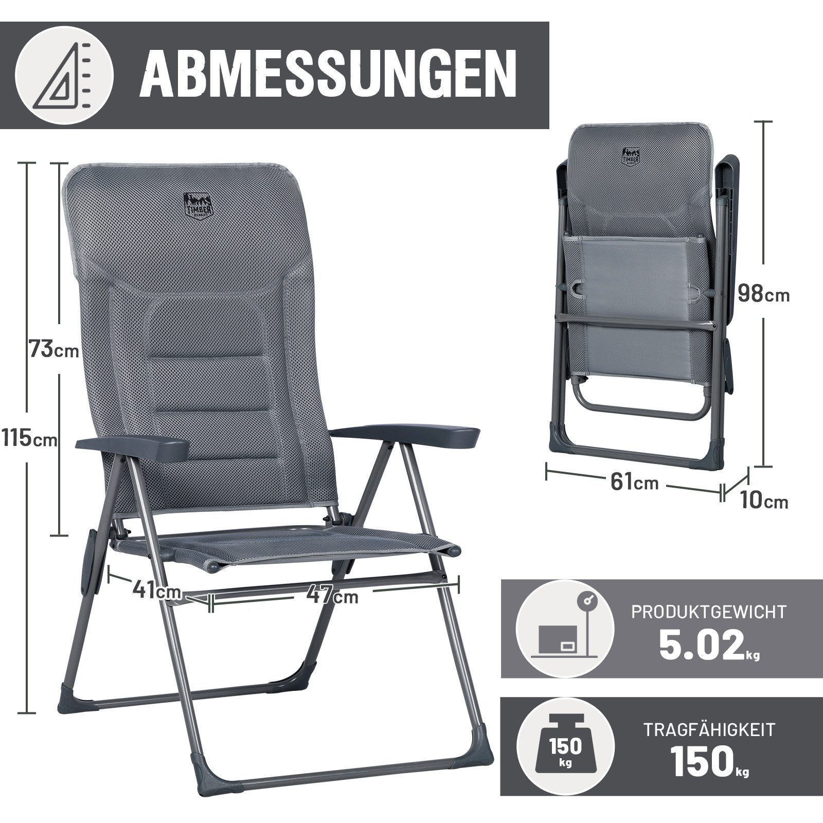 TIMBER RIDGE Klappstuhl Campingstuhl Faltbar Verstellbare Rückenlehne 7 Positionen Gepolstert (1 St), 150kg Belastbar Grau