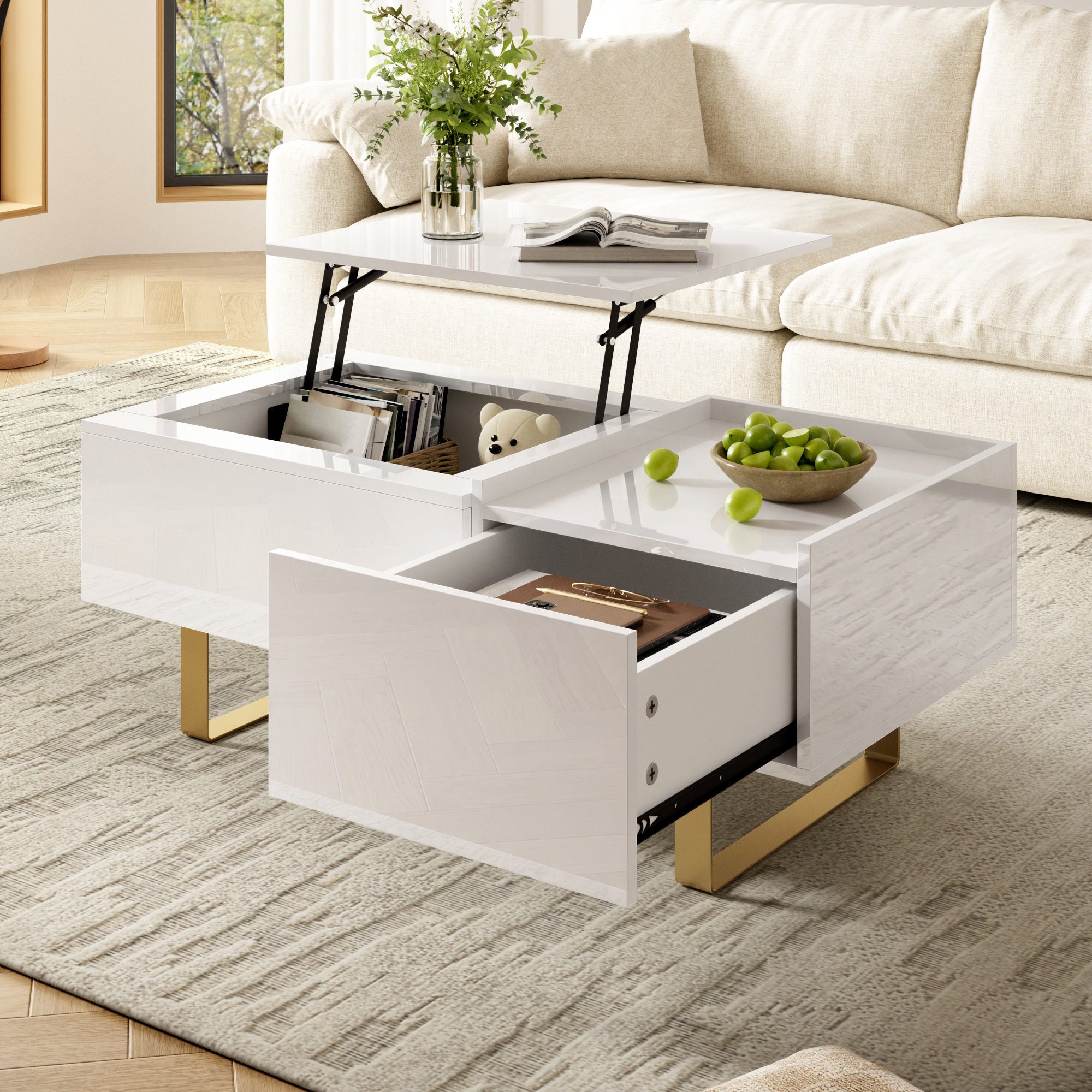 Odikalo Couchtisch Beistelltisch Sofatisch Höhenverstellbarer mit Schublade (100Lx50Bx54,5H(cm)Wohnzimmertisch Kaffeetisch mit Eisenfüßen Hochglanzoberfläche MDF)