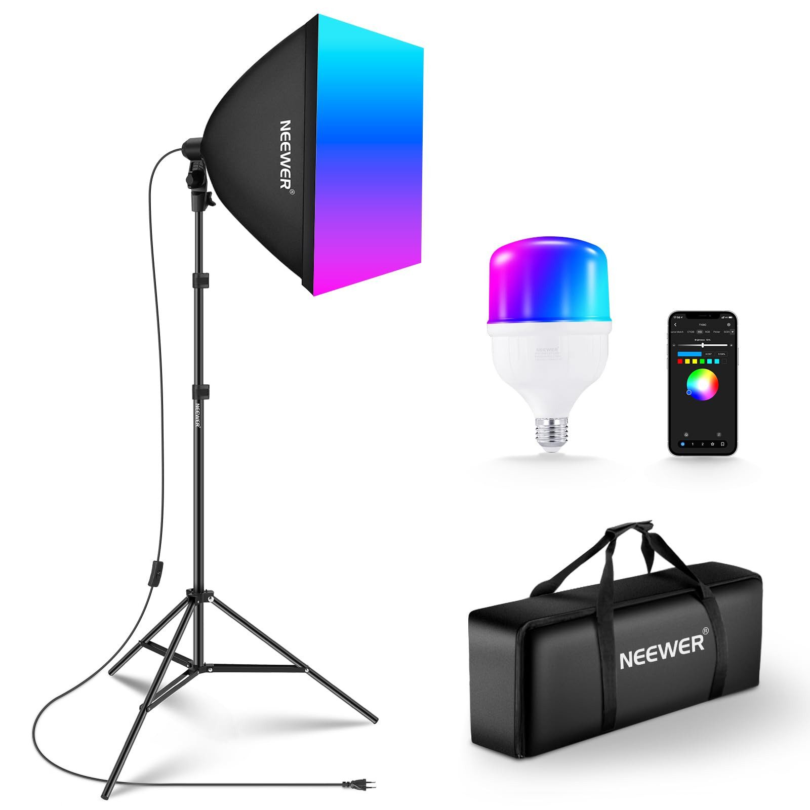 Neewer NK300 RGB Softbox Beleuchtung Set, 24W LED Glühbirne, Dimmbar, CRI93+ Studio-Blitzgerät, (TLCI98+, App-Steuerung, E27 Porzellanfassung, für Studiofotografie)