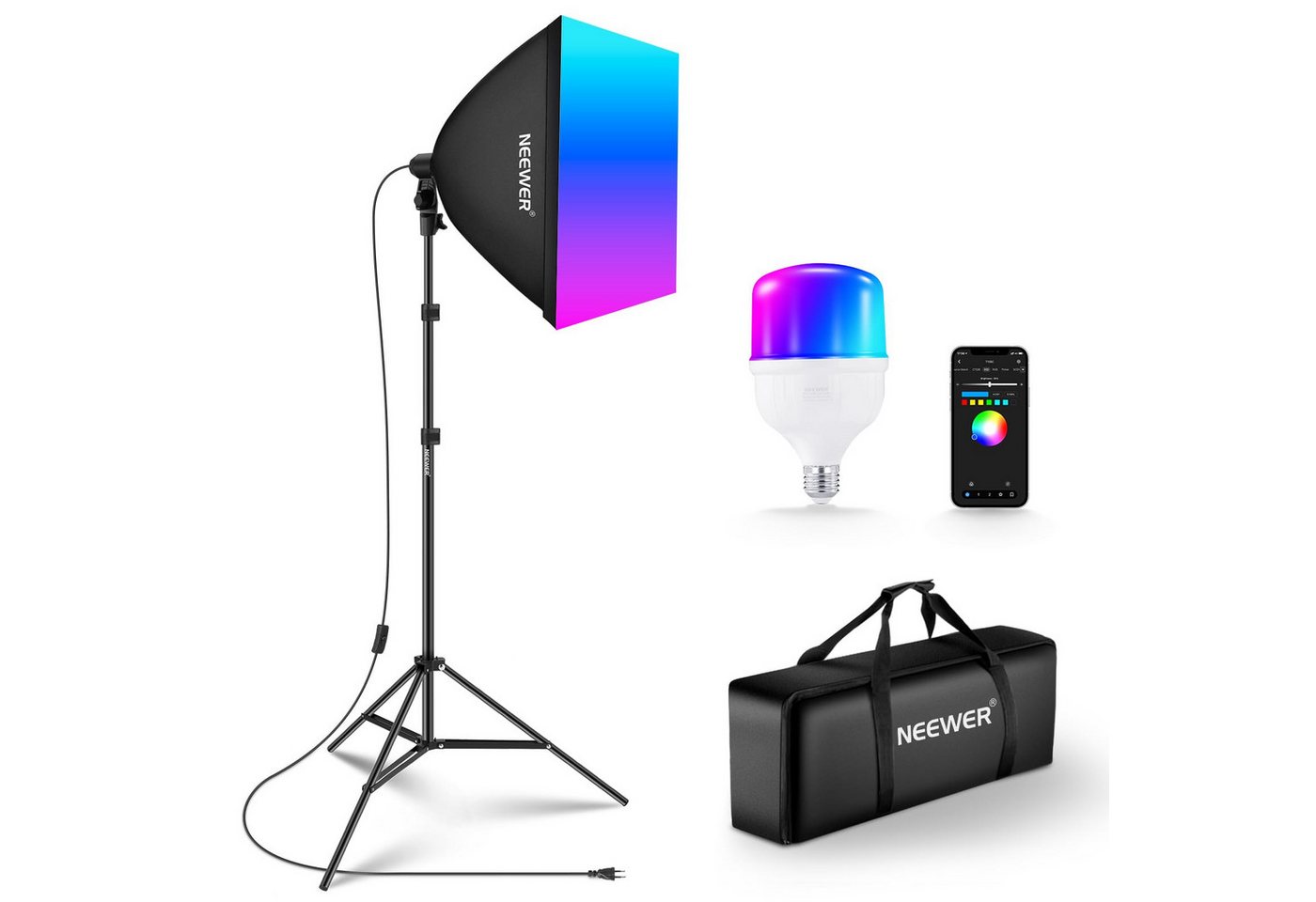 Neewer NK300 RGB Softbox Beleuchtung Set, 24W LED Glühbirne, Dimmbar, CRI93+ Studio-Blitzgerät, (TLCI98+, App-Steuerung, E27 Porzellanfassung, für Studiofotografie)