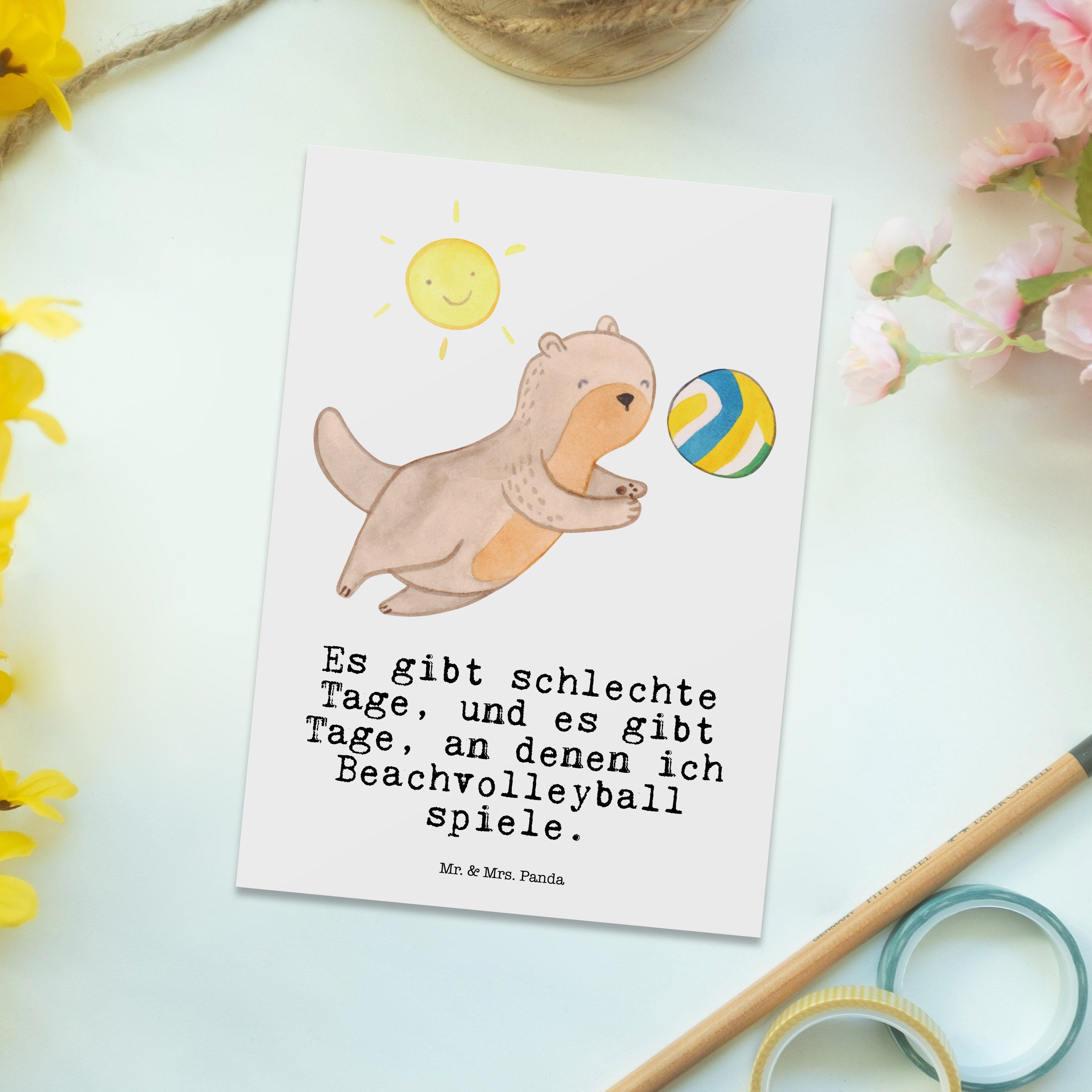 Geschenk, Gesch Mrs. Panda & Tage Beachvolleyball Otter - Mr. Geburtstagskarte, Weiß Postkarte -
