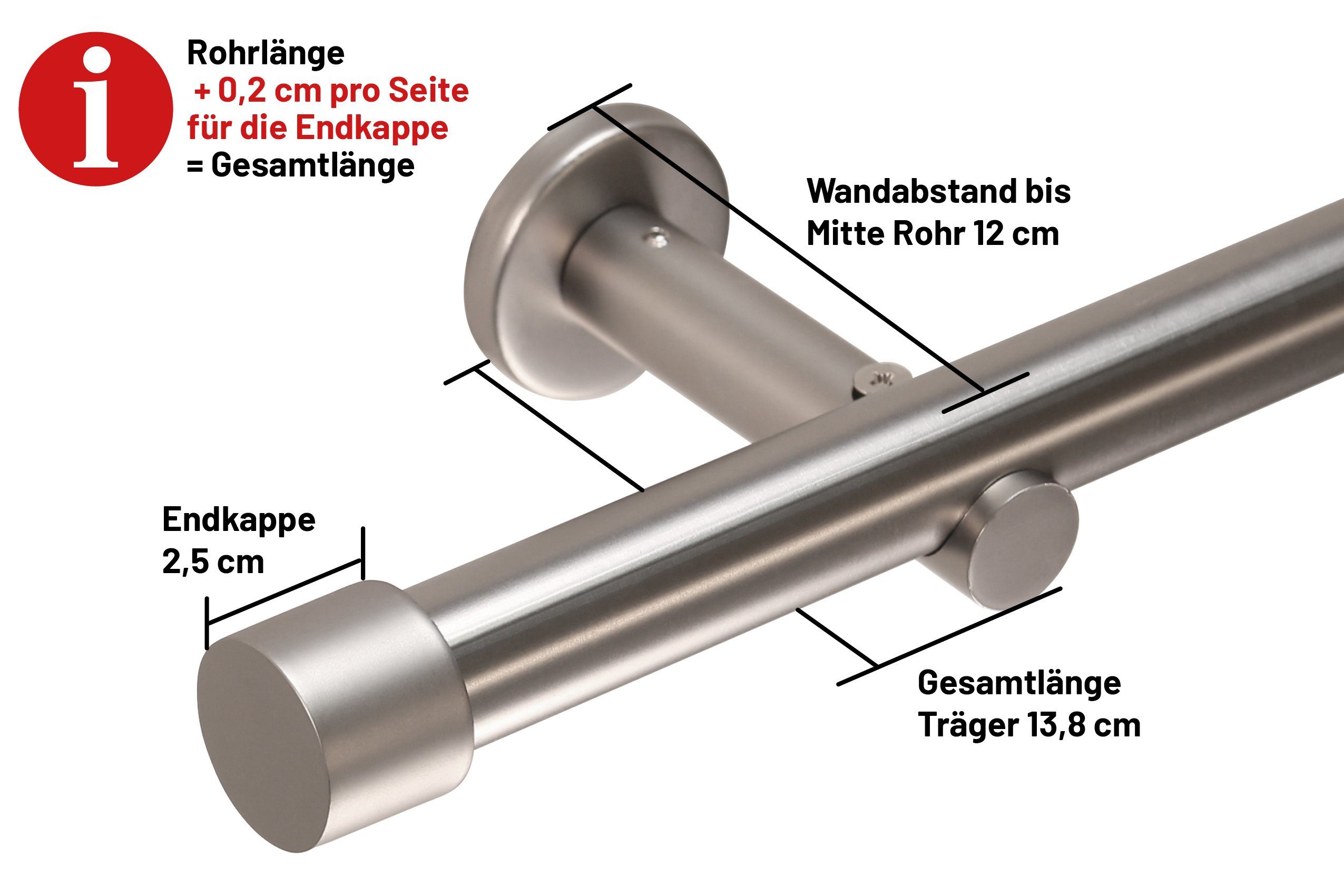 in mit 1-läufig, Wunschmaßlänge, Ø kürzbar, Bohren, Gardinenstange 25 verschraubt, mm, Befestigungsmaterial Kappe Komplett-Set Deco-Raum, Edelstahl-optik, Metall,