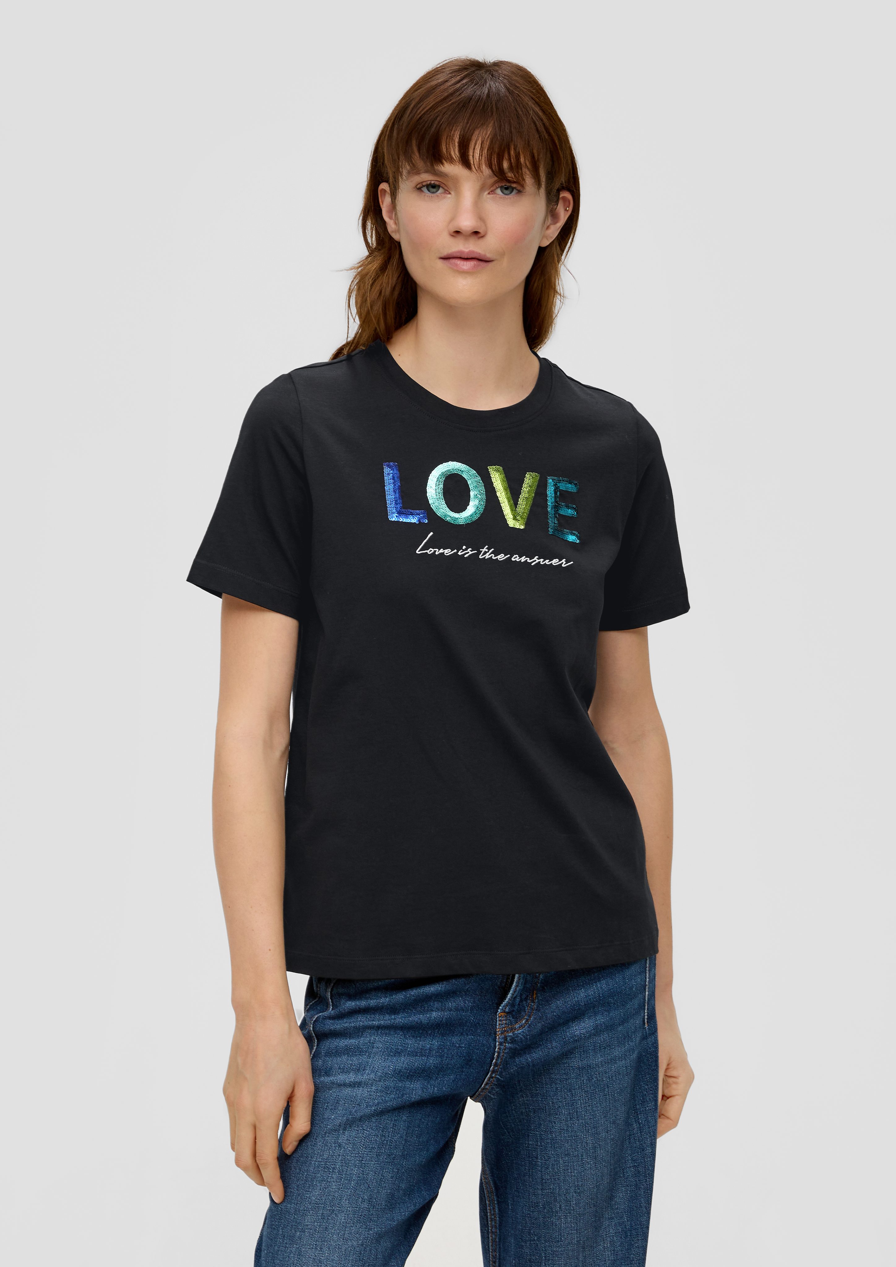 Kurzarmshirt Baumwollshirt mit Pailletten-Stickerei