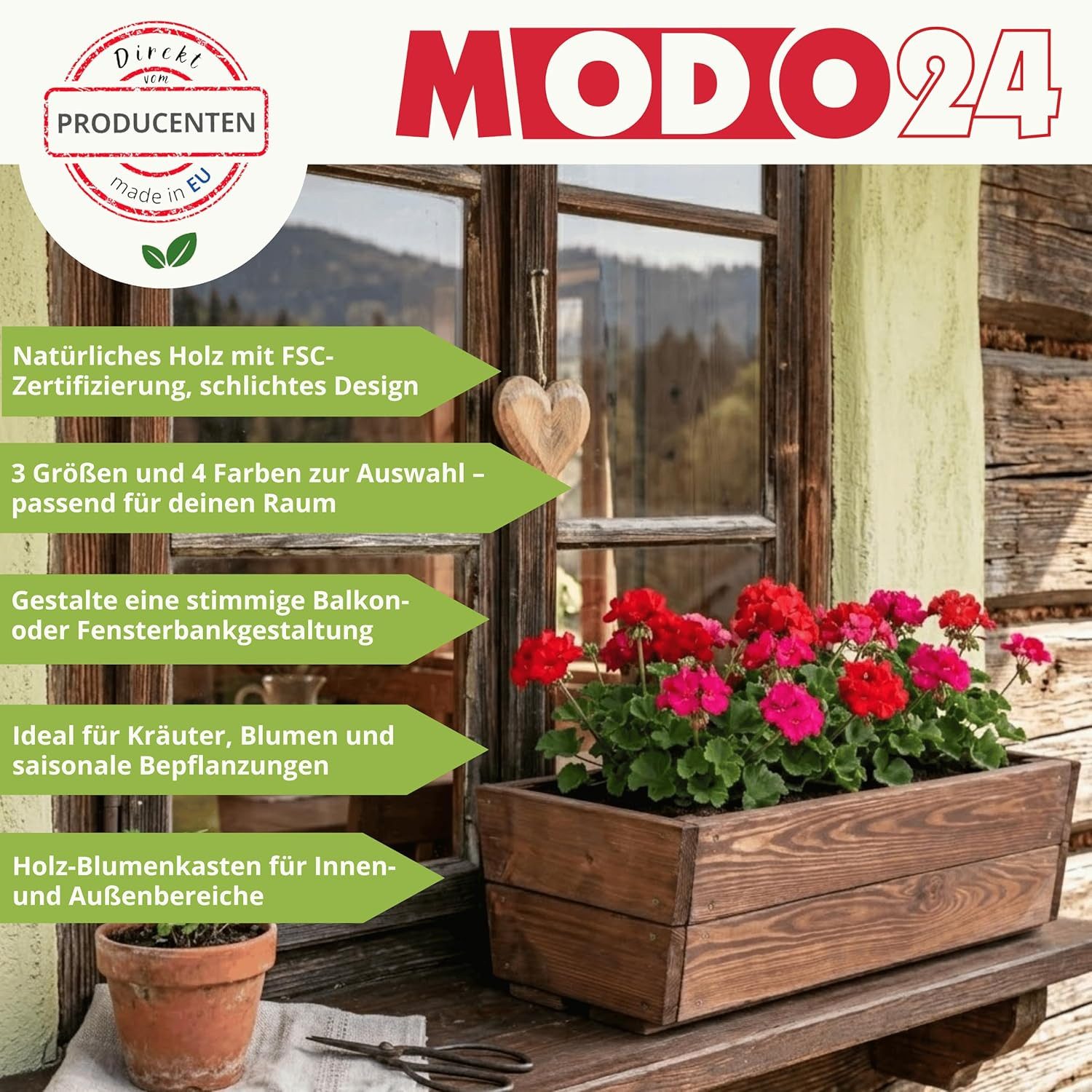 Modo24 Blumenkasten Pflanzkasten aus Holz, Pflanzkübel für Kräuter, Kiefernholz (rechteckiger, für Balkon und Fensterbank), Wetterfest, Stabil & Dekorativ, 3 Gr – Bild 3 von 5
