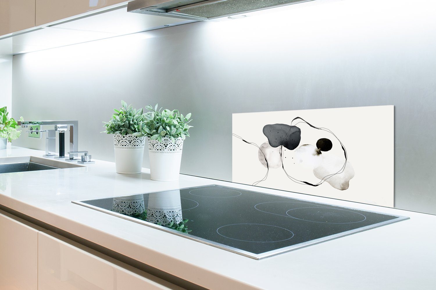 MuchoWow Küchenrückwand Abstrakt - Malerei cm, (1-tlg), Schmutzflecken - Schwarz gegen Kunst und Fett 60x30 Weiß, Wandschutz, - Küchen und für