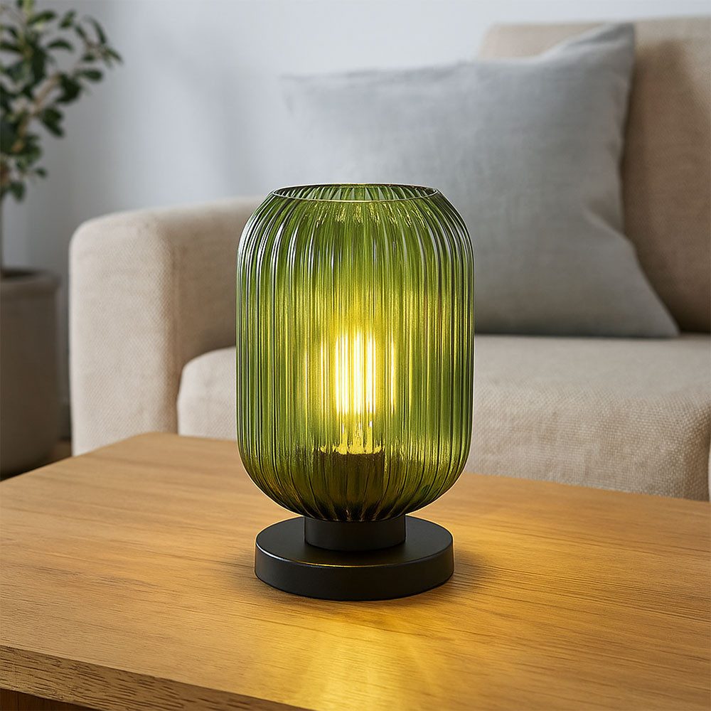 GLOBO LIGHTING Schreibtischlampe, Leuchtmittel inklusive, Warmweiß, LED Tischleuchte Nachttischlampe Metall schwarz Glas grün H 24 cm