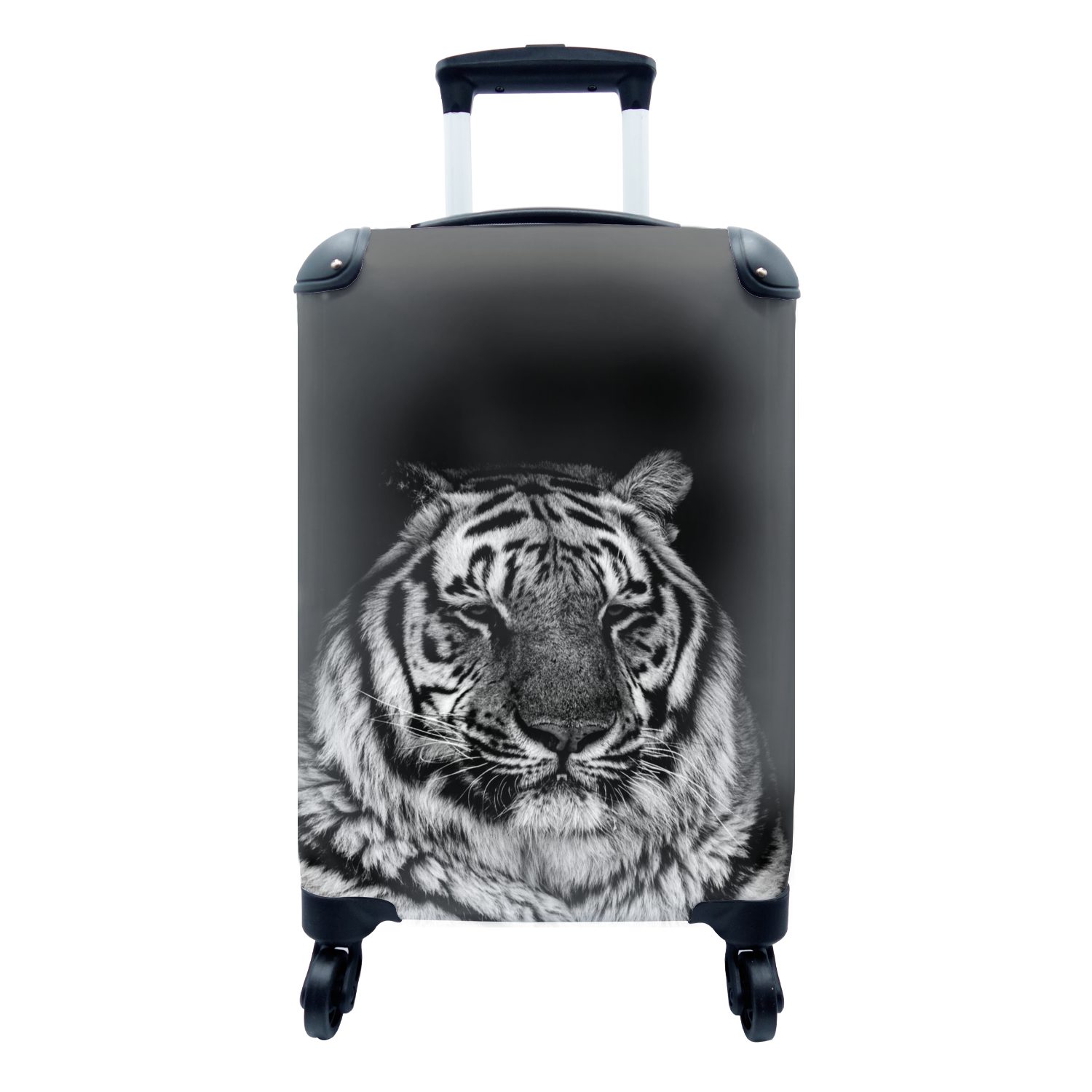 MuchoWow Handgepäckkoffer Schläfriger Tiger auf schwarzem Hintergrund - schwarz und weiß, 4 Rollen, Reisetasche mit rollen, Handgepäck für Ferien, Trolley, Reisekoffer
