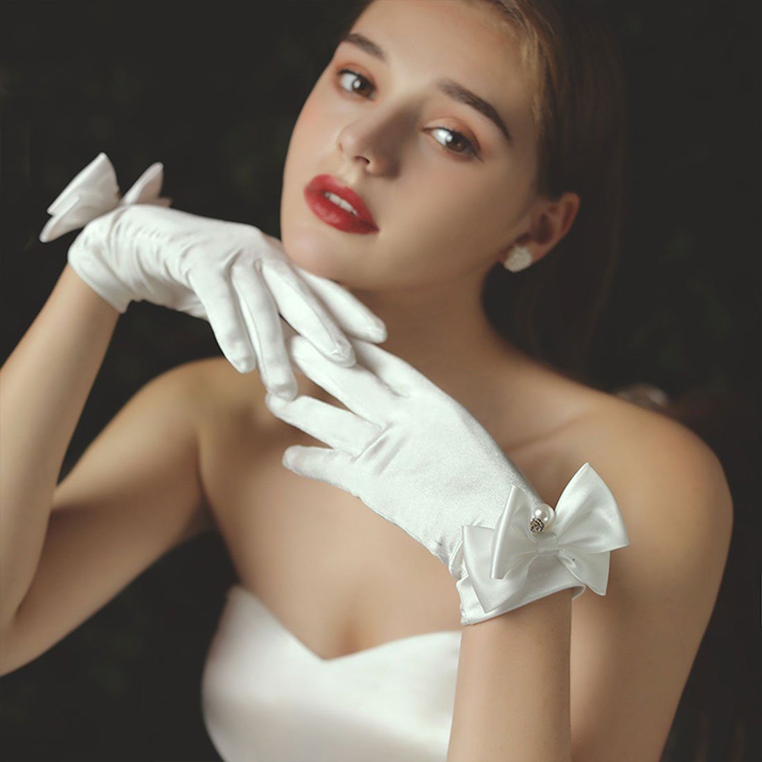DÖRÖY Abendhandschuhe Französische Satinhandschuhe für die Braut, kurze perlweiße Handschuhe
