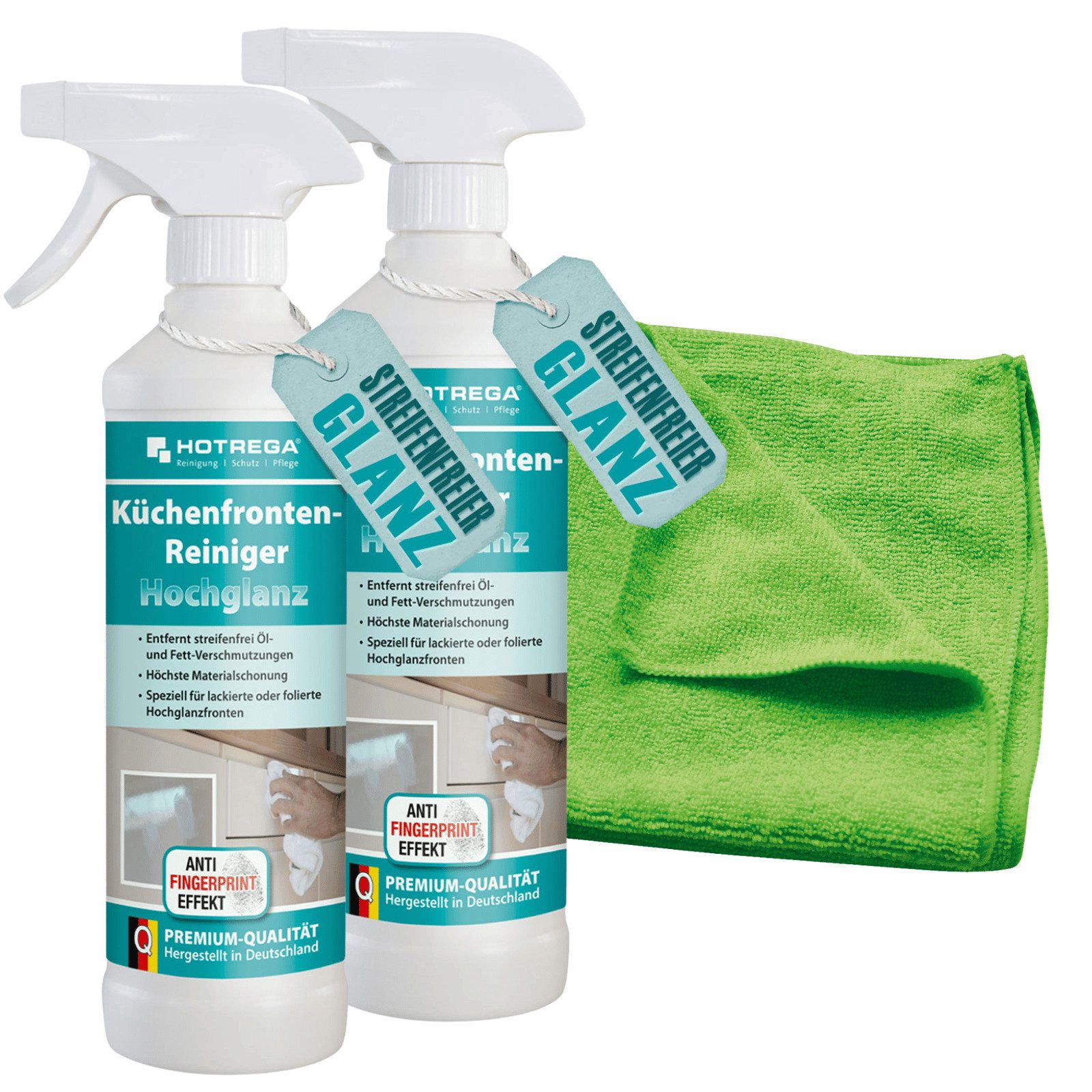 HOTREGA® Küchenfronten Reiniger Hochglanz Oberfläche 2x 500ml + Microfasertuch Küchenreiniger