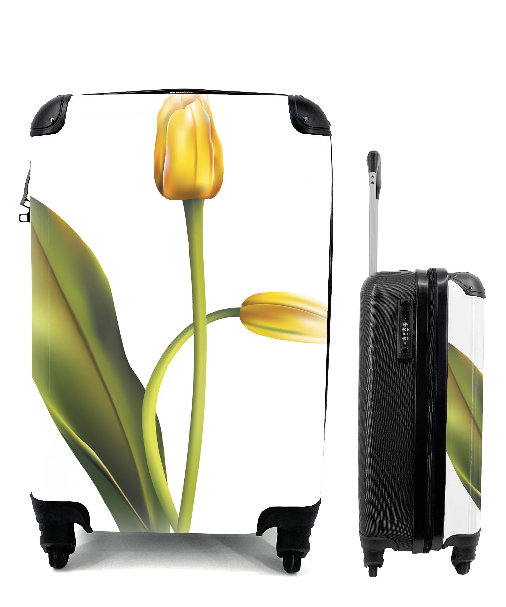 MuchoWow Handgepäckkoffer Eine Illustration von zwei gelben Tulpen mit einem dunkelgrünen Blatt, 4 Rollen, Reisetasche mit rollen, Handgepäck für Ferien, Trolley, Reisekoffer