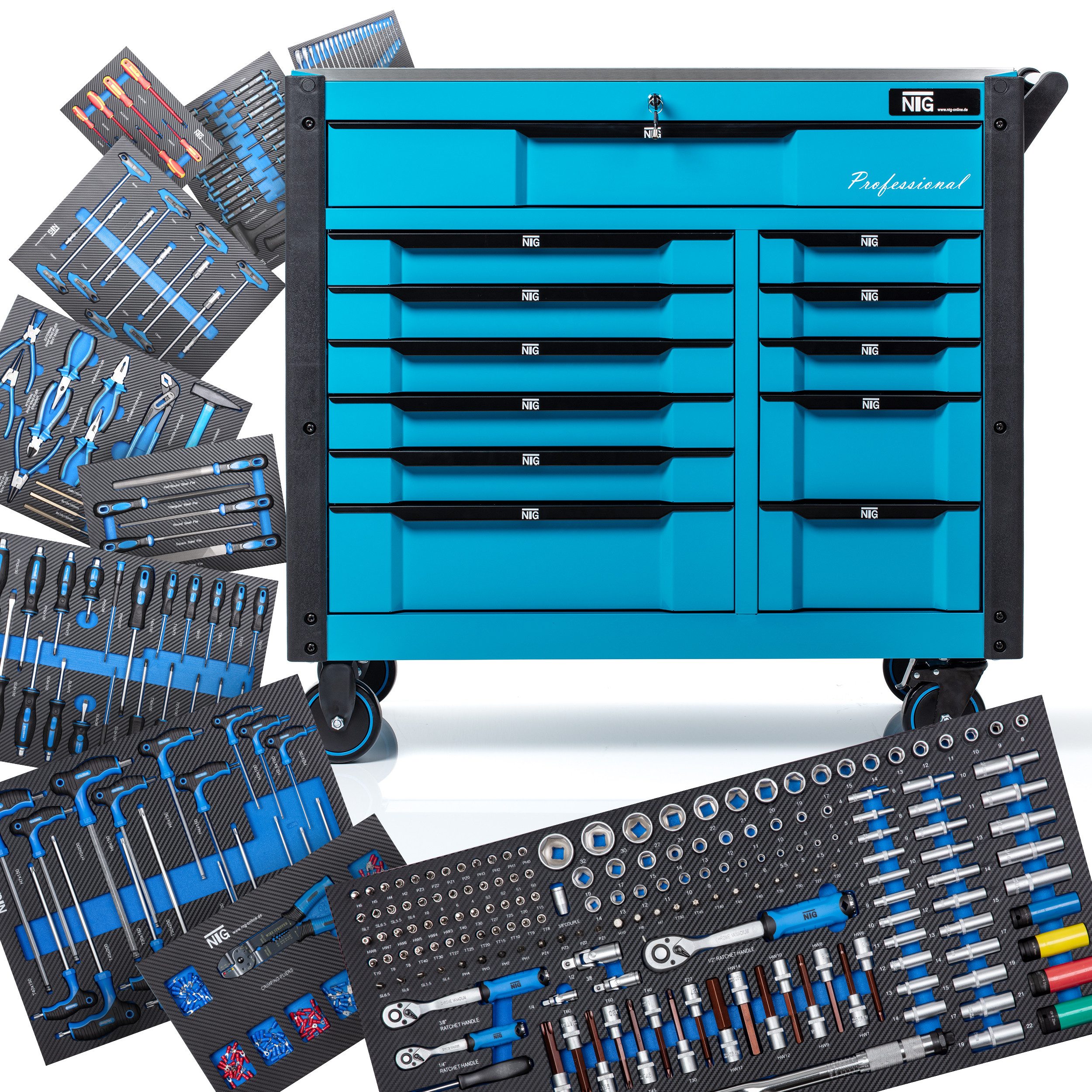 NTG Nutzfahrzeug Technik GmbH Werkstattwagen XXL Werkzeugwagen 457 Teilig 12 Schubladen Werkzeugkiste Abschließbar, 454-tlg. Werkzeugset, (457-tlg), Soft Inlays in Carbonoptik
