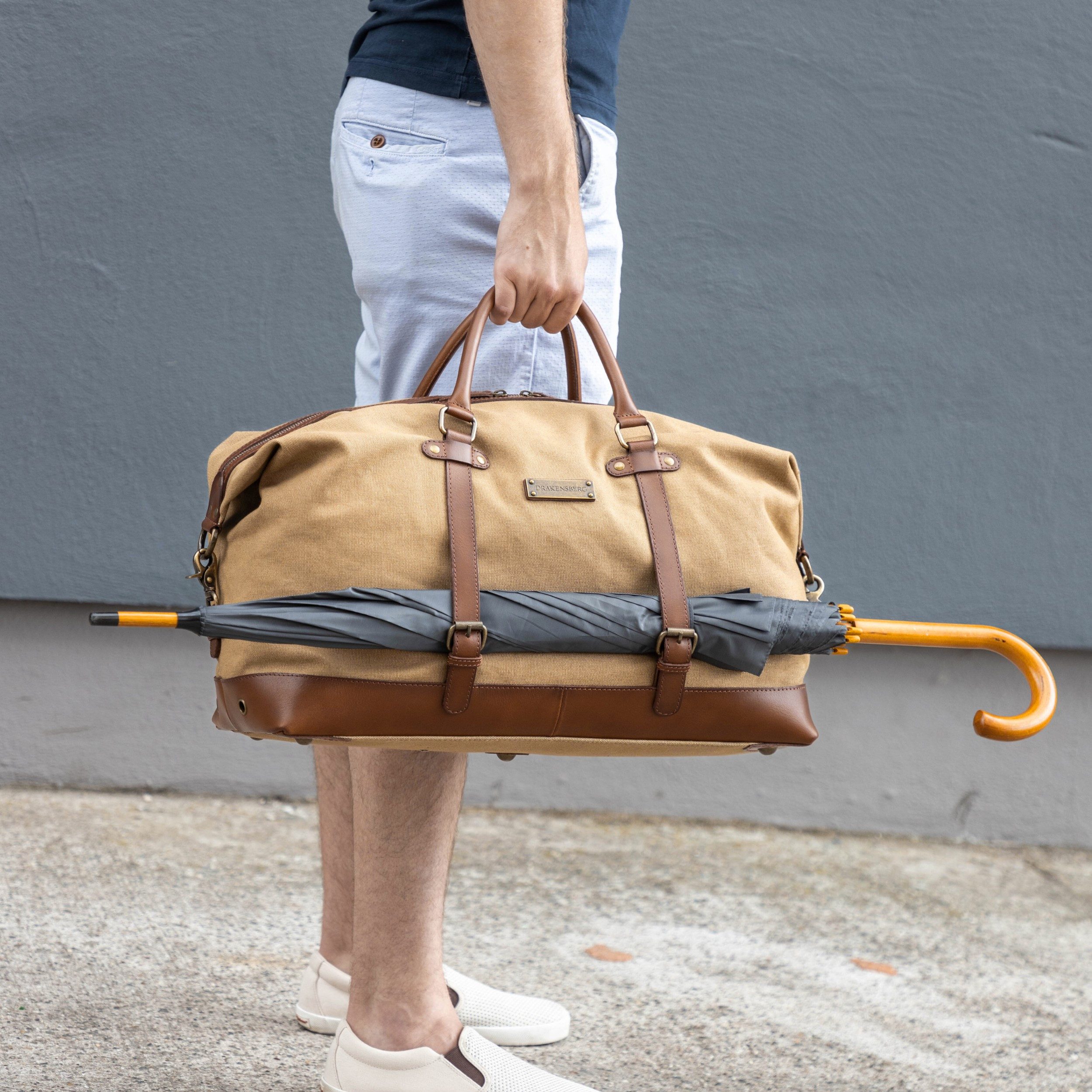 DRAKENSBERG Reisetasche Weekender »Owen« Khaki-Beige, Damen, Herren, elegant, wasserabweisendes Canvas, Leder, erweiterbar