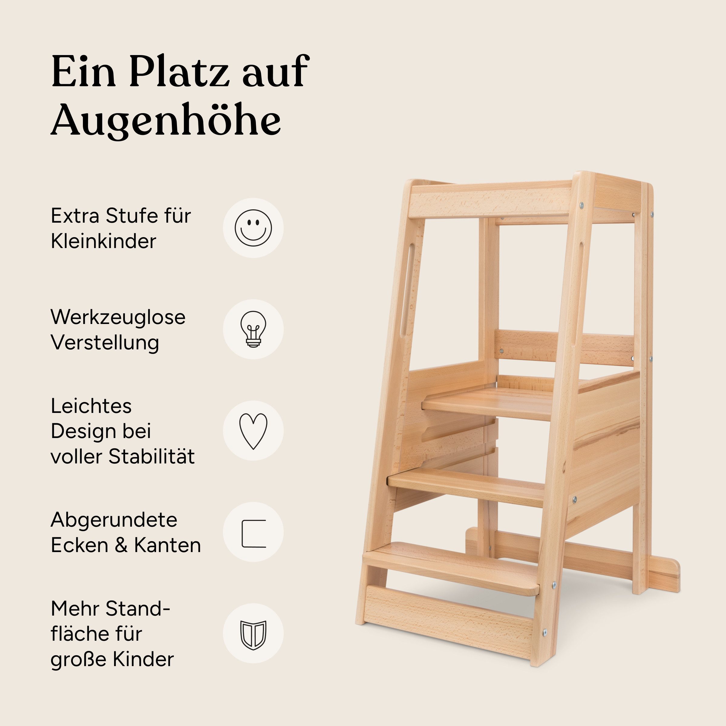 Ehrenkind Stehhilfe Lernturm mit extra Kleinkindstufe, Montessori Tritthocker für Kinder (Buche transparent lackiert, 3-fach höhenverstellbarer Standfläche), geeignet ab ca. 12 Monaten, sobald das Kind sicher stehen kann