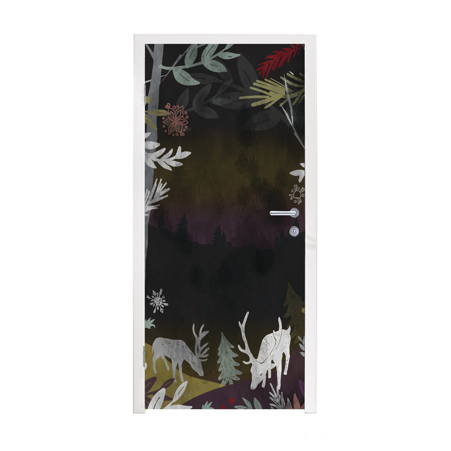 Tür, nächtlichen Türaufkleber, St), MuchoWow Waldes, Eine für Matt, 75x205 Türtapete Illustration eines cm Fototapete bedruckt, (1