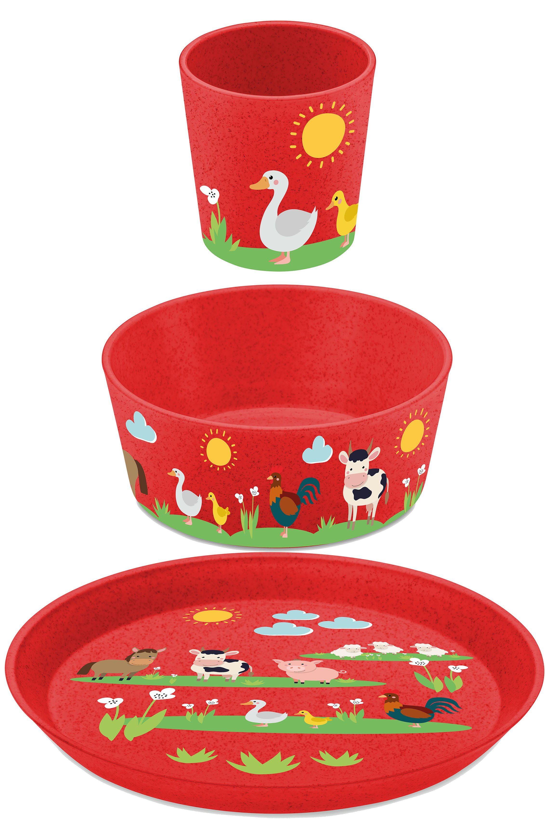 KOZIOL Kindergeschirr-Set (3-tlg), Schale 3 für Becher FARM + Person Teller Kunststoff, Co² 1 CONNECT produziert, Personen, Kleiner 1 neutral Teile, Made Germany, in + 3er-Set