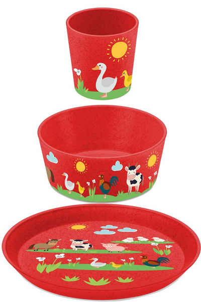 KOZIOL Kindergeschirr-Set 3er-Set Kleiner Teller + Schale + Becher CONNECT FARM (3-tlg), 1 Personen, Kunststoff, Co² neutral produziert, Made in Germany, 3 Teile, für 1 Person