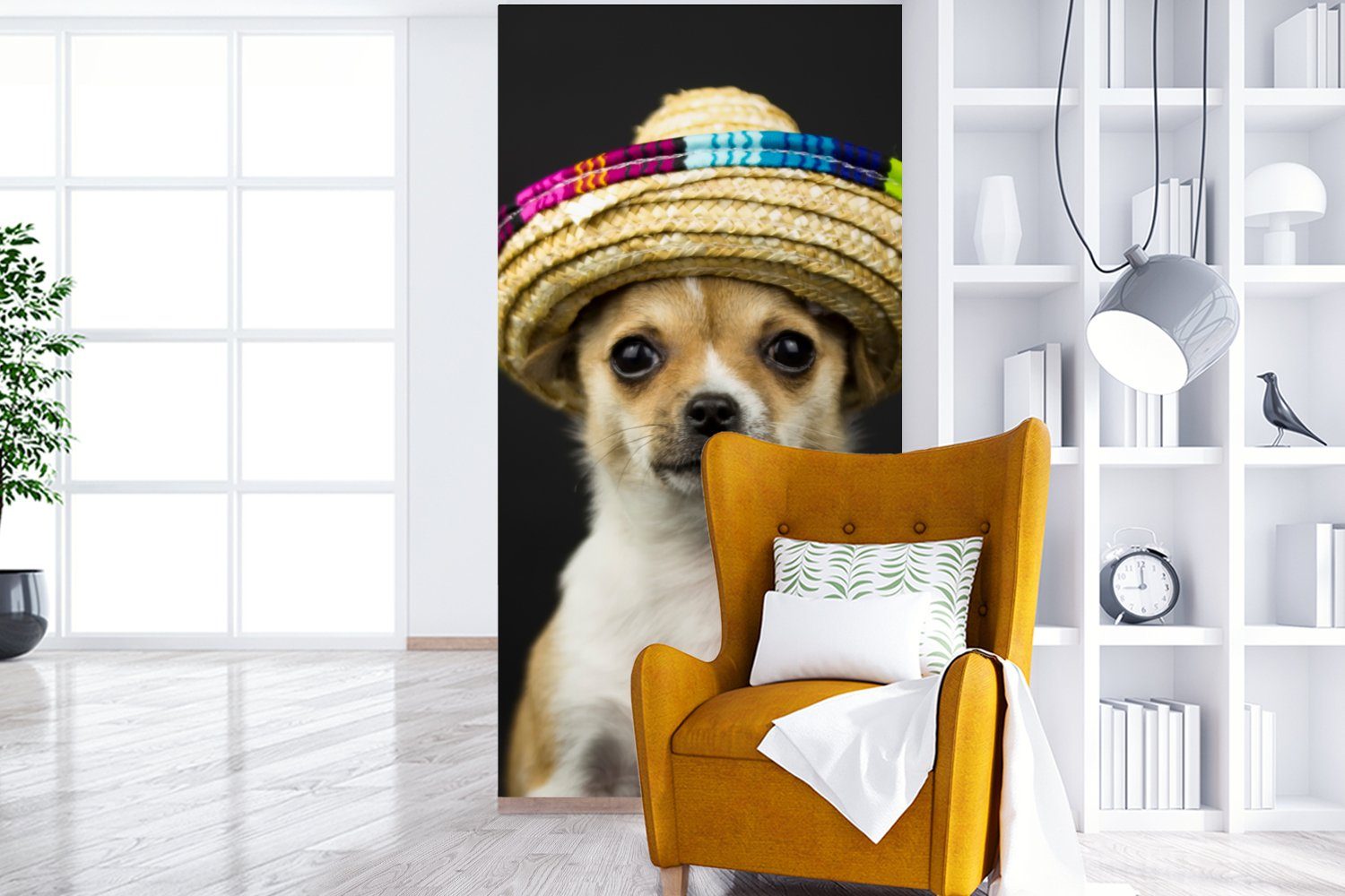 MuchoWow Fototapete Hund - Sombrero (2 - für Vliestapete Schlafzimmer Matt, Küche, Fototapete Schwarz, bedruckt, St), Wohnzimmer