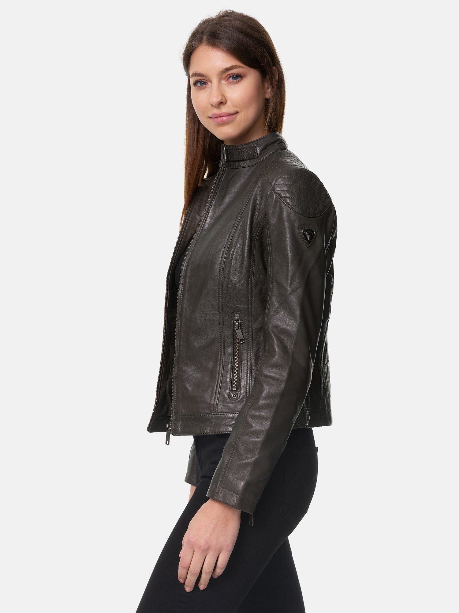 abnehmbarer khaki Lederjacke F503 Tazzio Damen Look im Leder Jacke mit Kapuze Biker