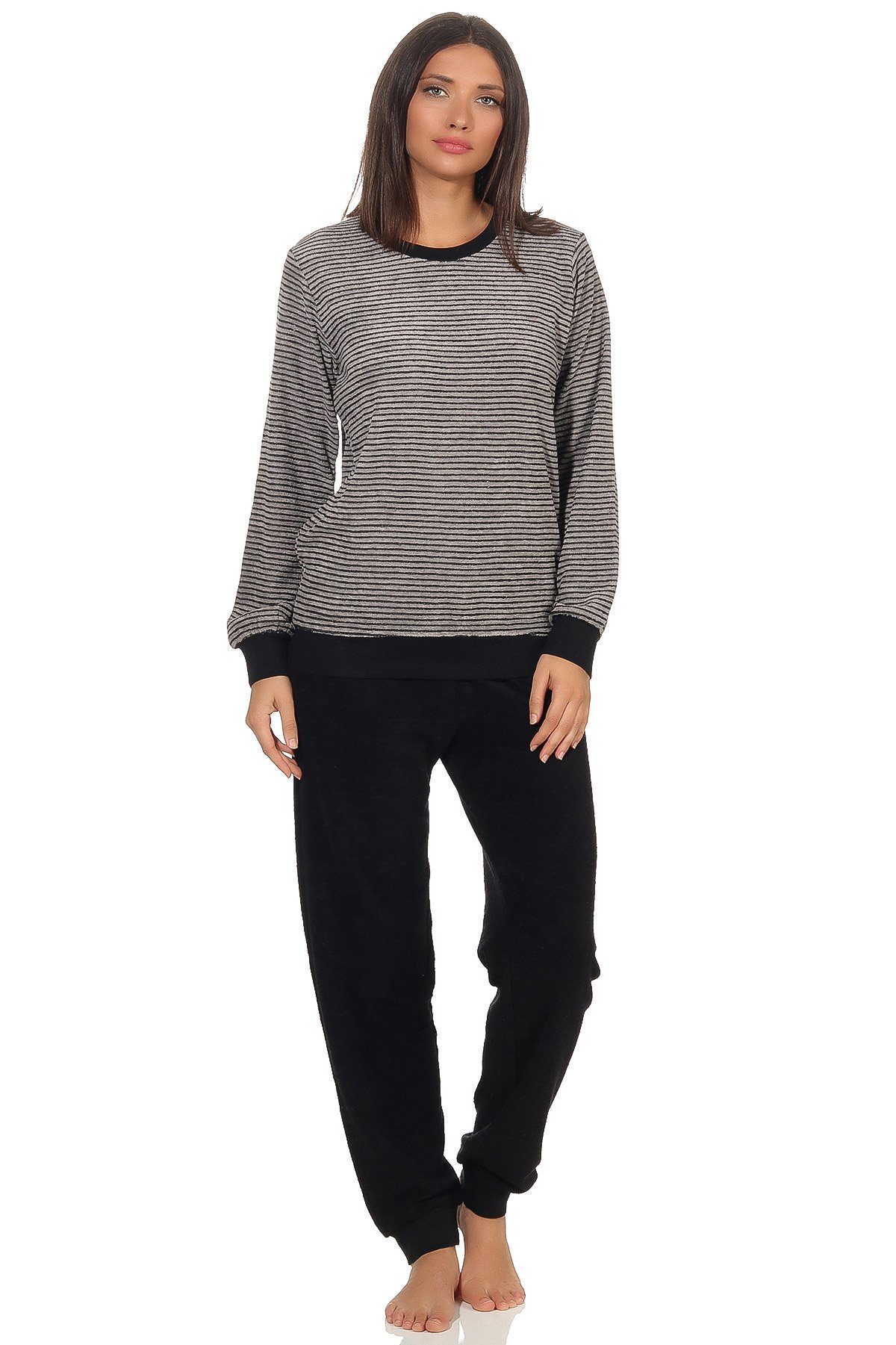 Normann Pyjama Damen Frottee Schlafanzug mit Bündchen in Streifenoptik - 291 13 781