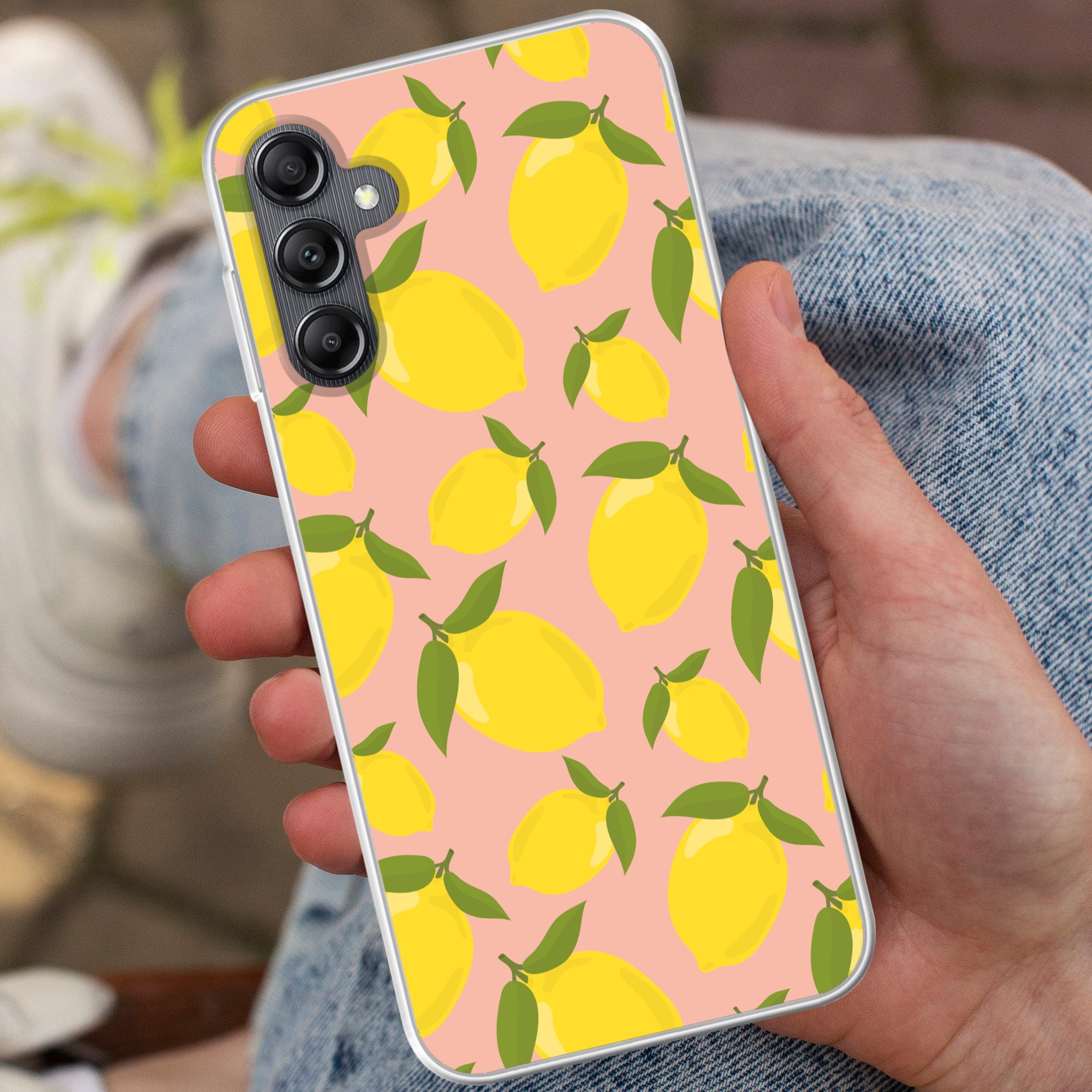 MuchoWow Handyhülle für Samsung Galaxy A14 5G Zitronen - Gelb - Rosa - Muster - Obst, Smartphone-Bumper, Print, Handy Schutzhülle Dünn