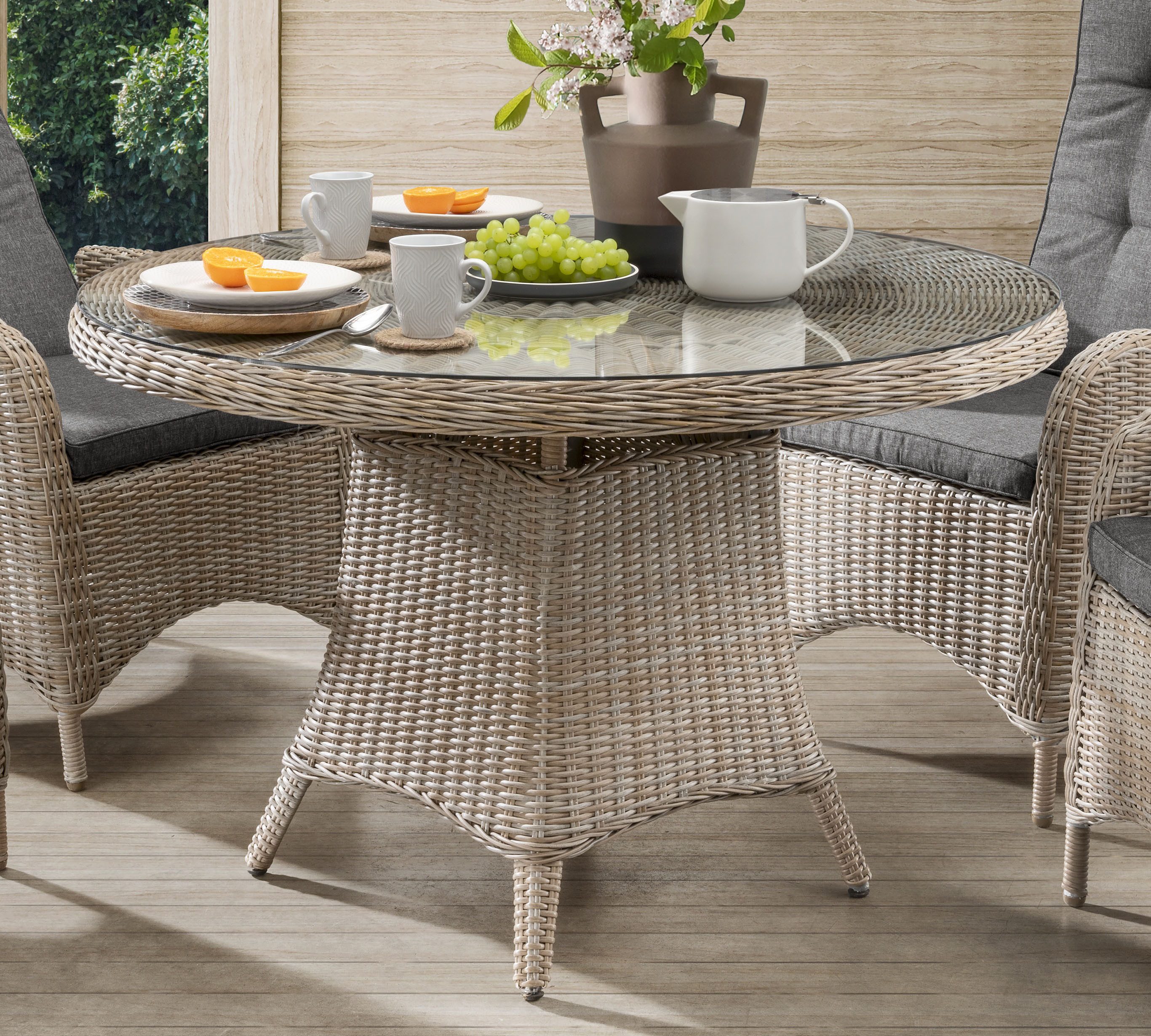 Destiny Garten-Essgruppe PALMA LUNA 4 HL + Tisch Ø 100x75cm natur meliert, (Set, 5-tlg., 4 HL stufenlos verstellb. inkl. Polster, 1 Tisch mt aufgel. Glasplatte), Aluminium, Polyrattan
