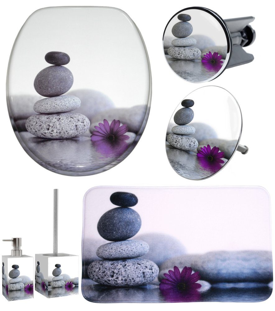 Sanilo Badaccessoire-Set 6-teilig Energy Stones, WC-Sitz mit Absenkautomatik, Badteppich 70 x 110 cm, Waschbeckenstöpsel, Badewannenstöpsel, Seifenspender, WC-Bürste, 6 tlg., hochwertig & modern, universell, leichte Montage