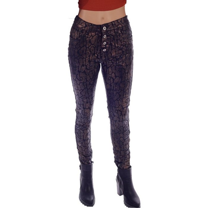 Charis Moda Bootcut-Jeans Skinny Jeans 4 Button Style kupfer-schwarzfarben Animal Print