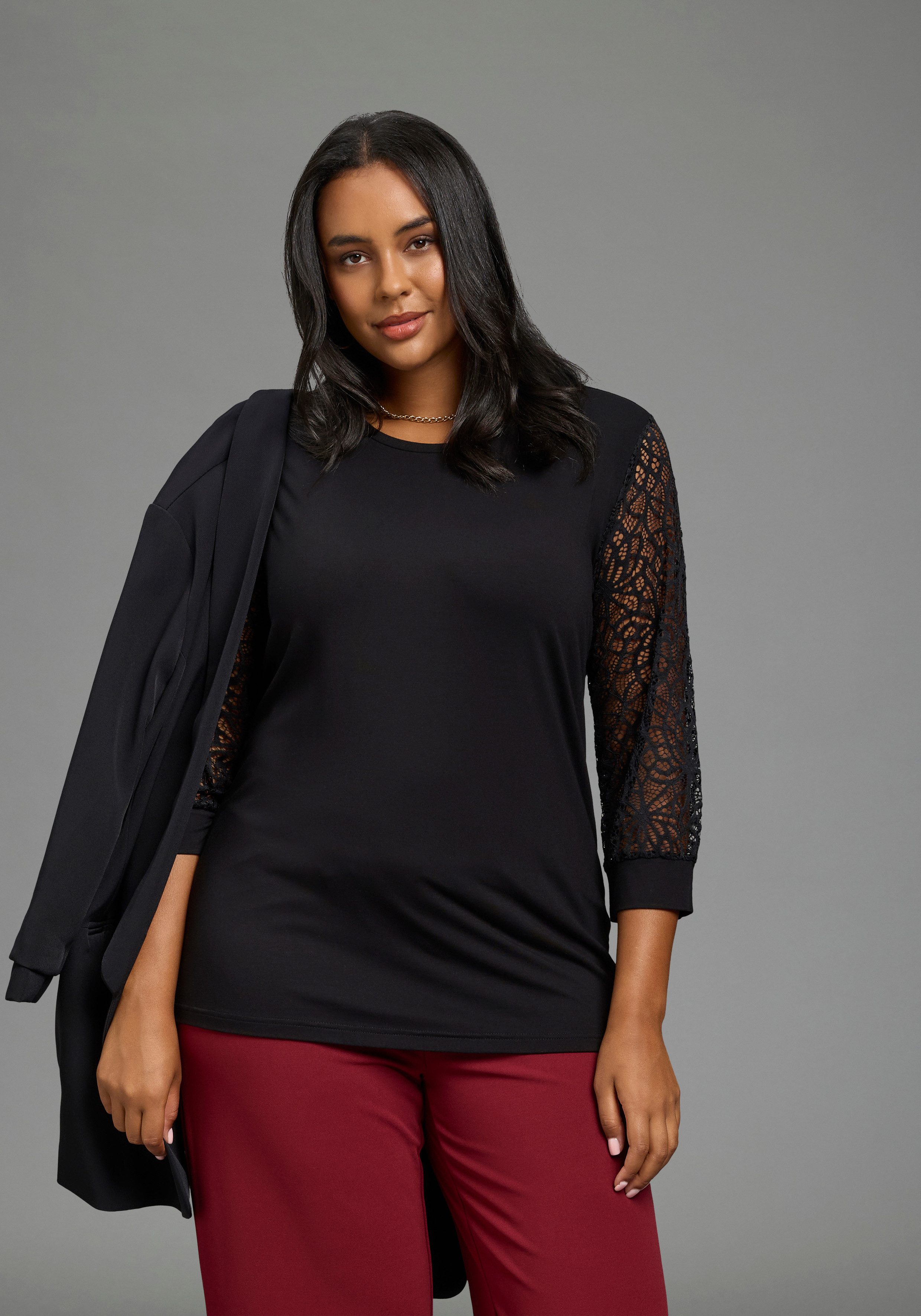 Laura Scott CURVE Spitzenshirt Große Größen figurbetonte Passform, mit Puffärmeln, 3/4-Ärmel, Rundhalsausschnitt