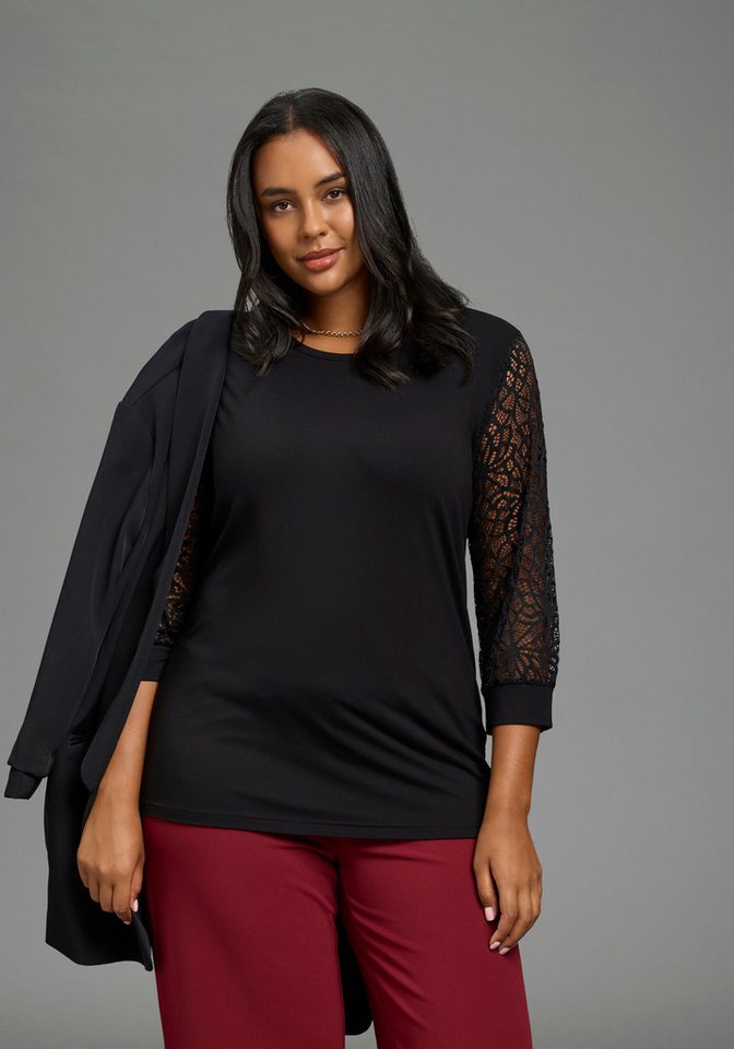 Laura Scott CURVE Spitzenshirt Große Größen figurbetonte Passform, mit Spitze, 3/4-Ärmel, Rundhalsausschnitt