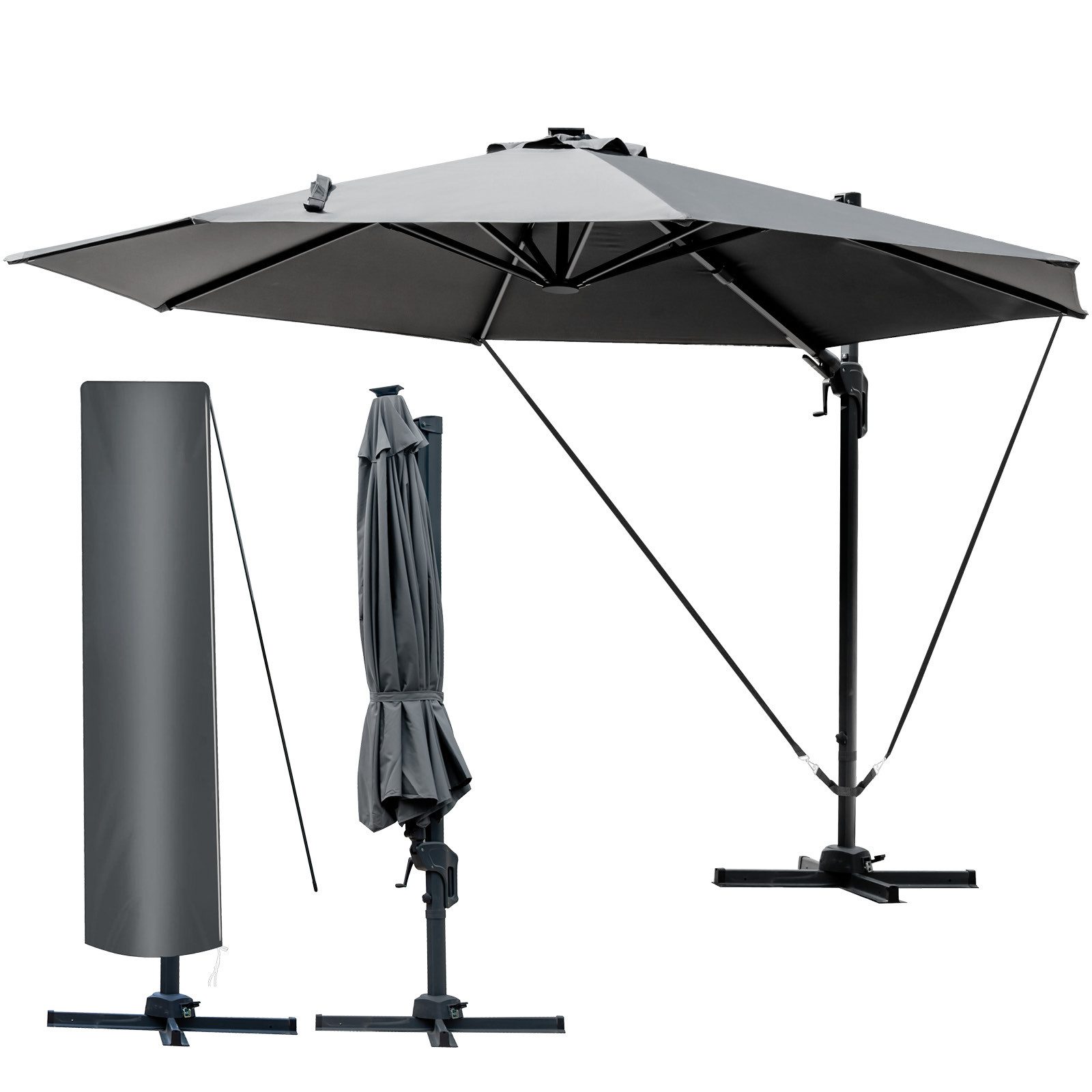 BRAST Sonnenschirm Alu Ampelschirm Ø360cm inkl. Schützhülle, wahlweise mit LEDs,drehbar schwenkbar & höhenverstellbar