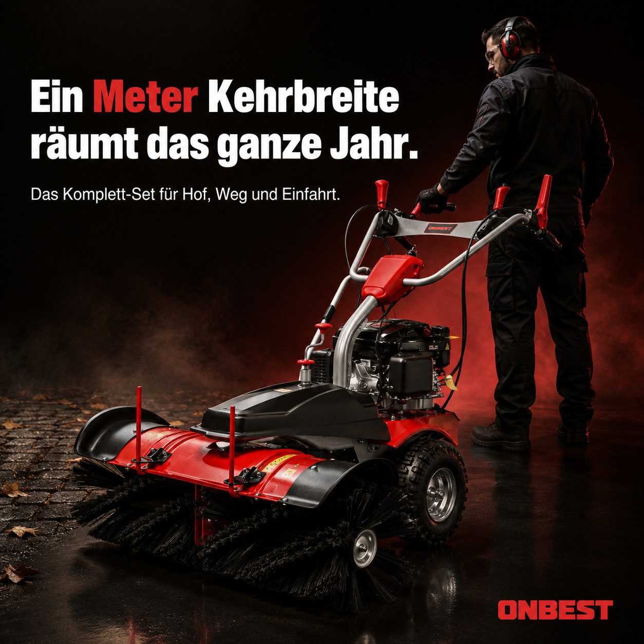 Onbest Benzin-Kehrmaschine S-100 LE mit Auffangbox Schneeschild Schneeketten, 100,00 cm Arbeitsbreite, Elektrostart, 6,5 PS, inklusive Öl