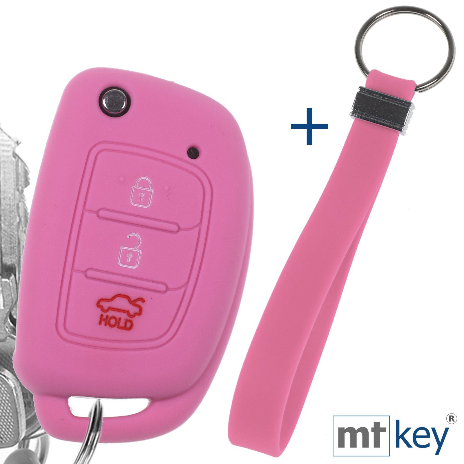 mt-key Schlüsseltasche Autoschlüssel Silikon Schutzhülle im Wabe Design Rosa + Schlüsselband, für Hyundai i10 i20 ix25 ix35 i40 Accent Tucson 3 Knopf Klappschlüssel
