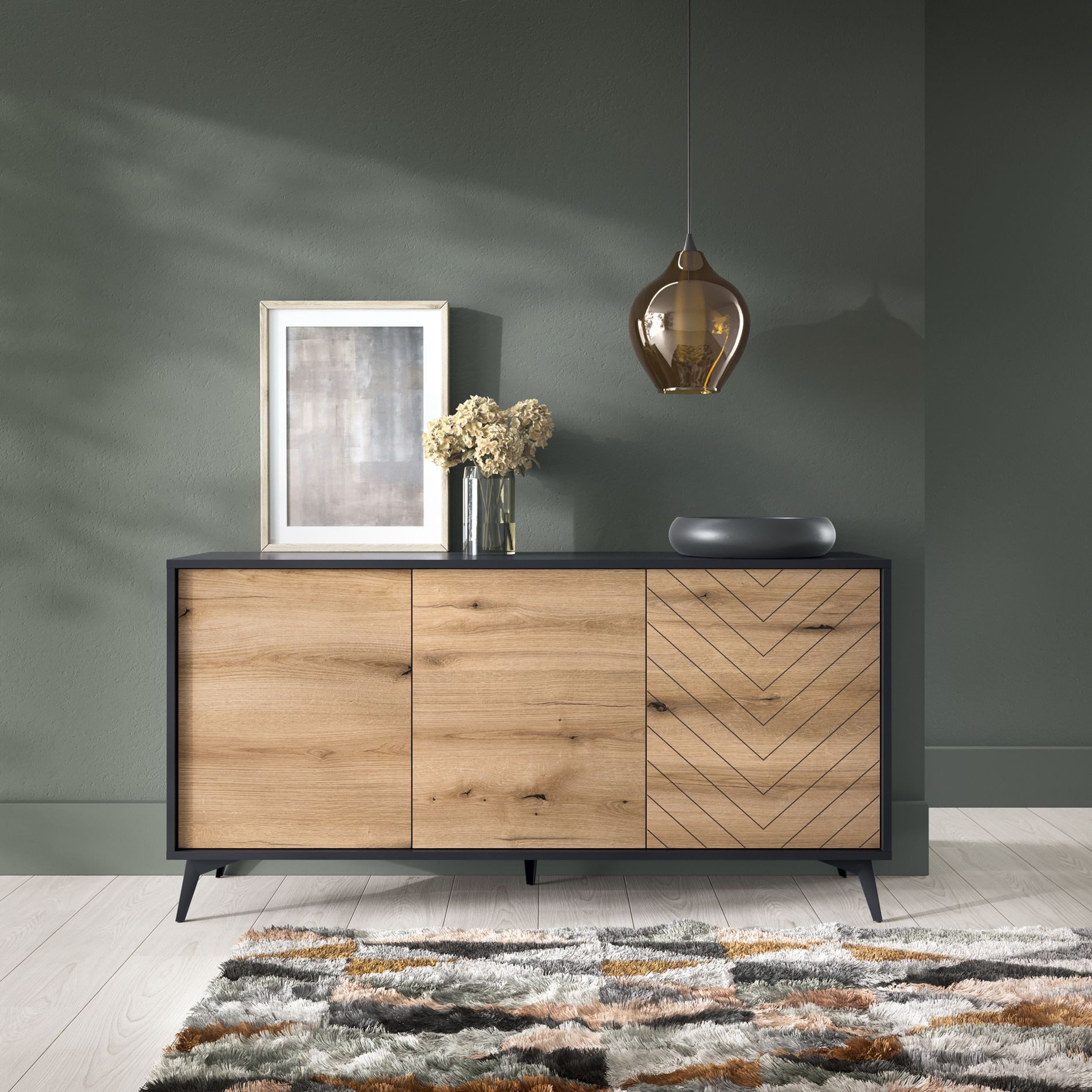 Selsey Sideboard BOULIA, 3-türig mit 6 Fachern, Fischgräten-Dekor, 154 cm