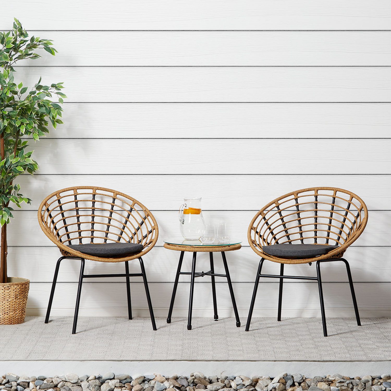 Homestyle4u Gartenlounge-Set Tisch+Stühle Möbel Rattan Natur Sessel Balkon Terrasse Schwarz, (3er Set, 5-tlg., 2 Stühle, 1 Tisch, 2 Kissen), mit Sitzkissen